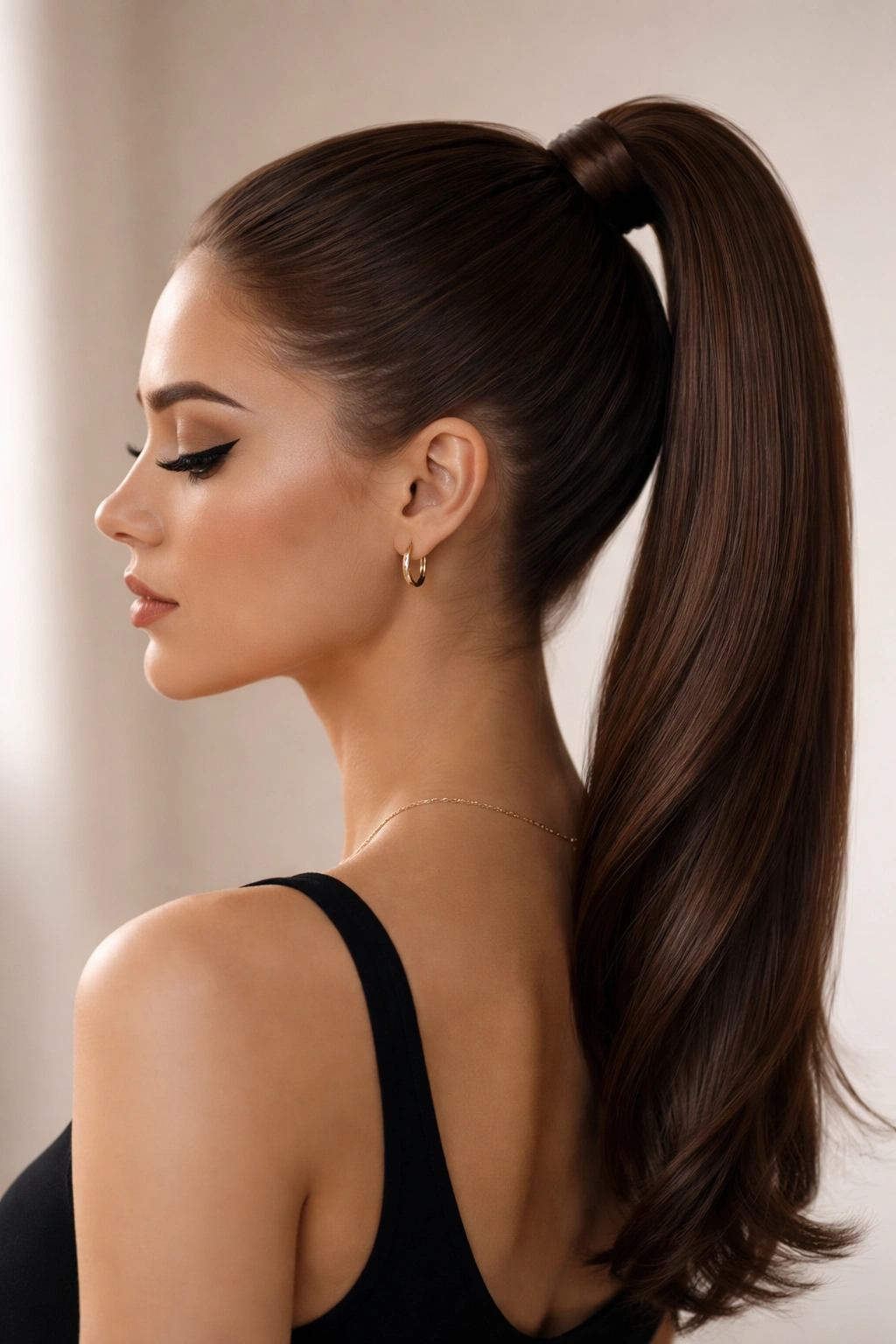 Sleek curved high ponytail following the head's contour