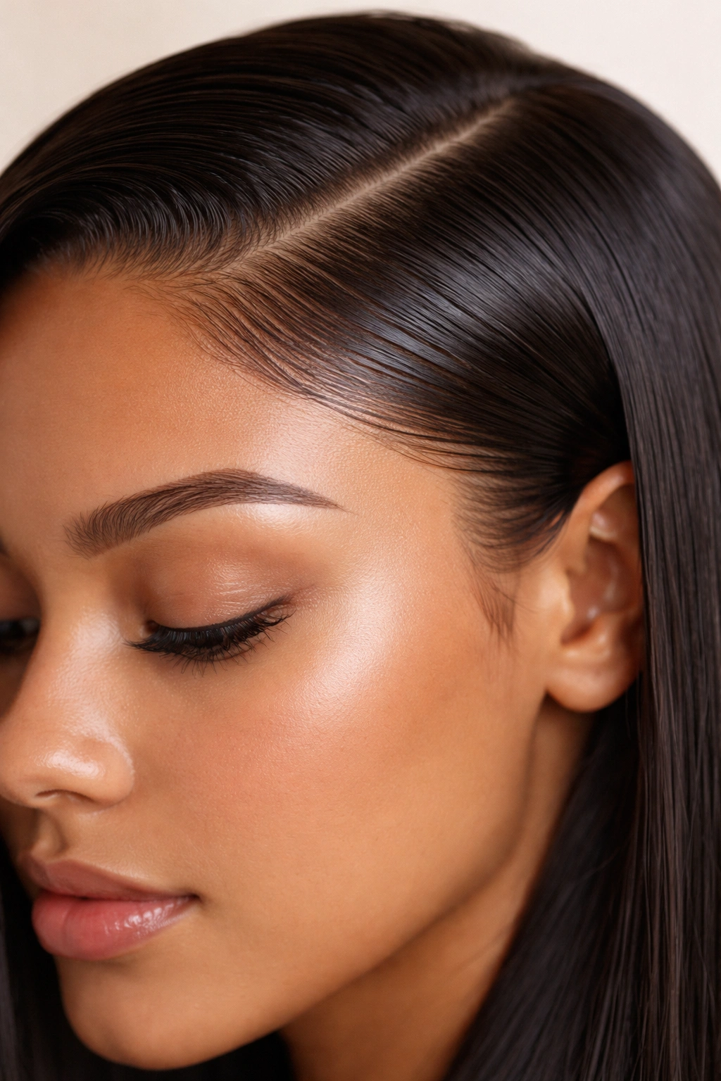 Close-up of sleek gel edges along a straight hairline with glossy finish