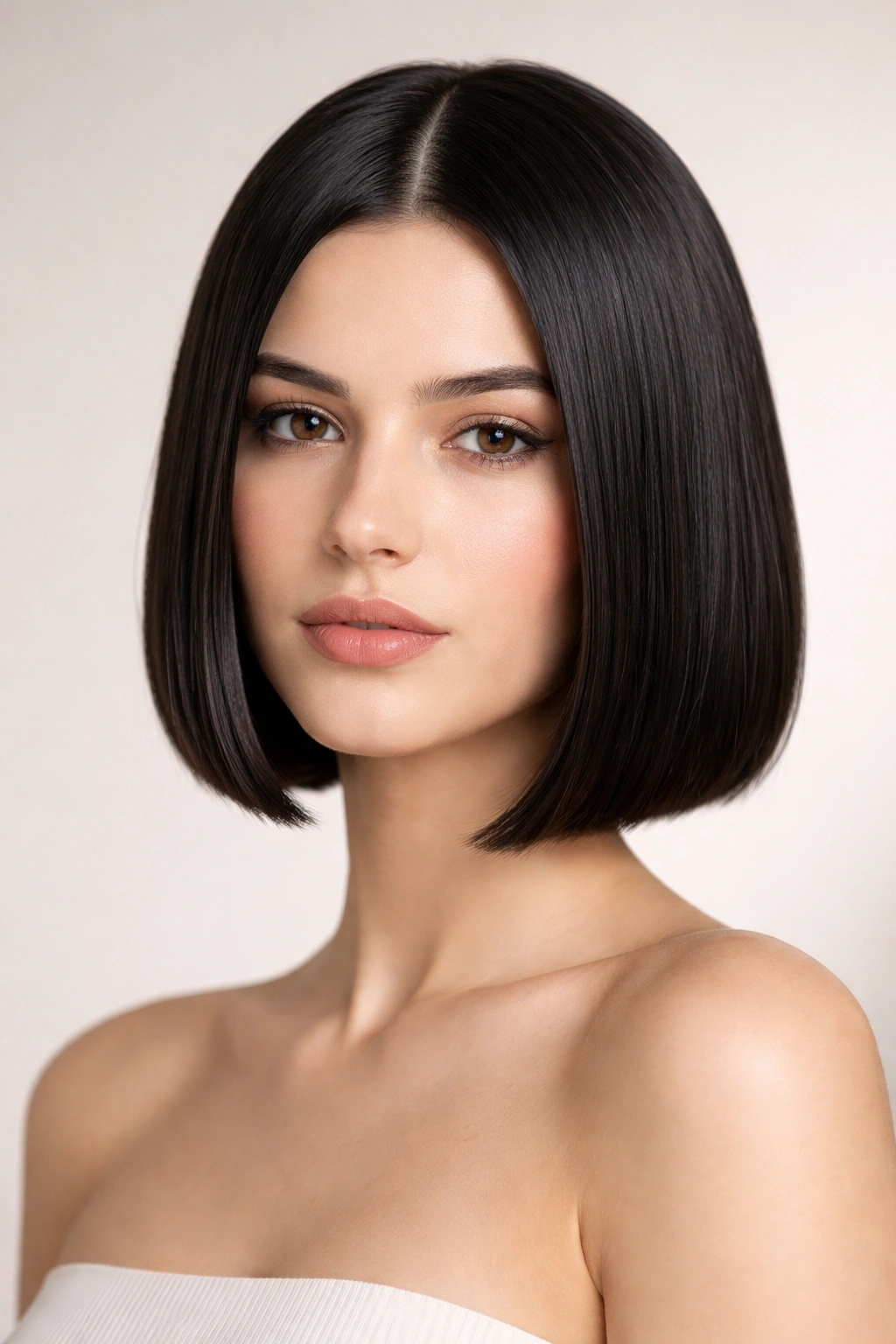 Close-up of chin-length blunt bob with a perfect center part and high shine