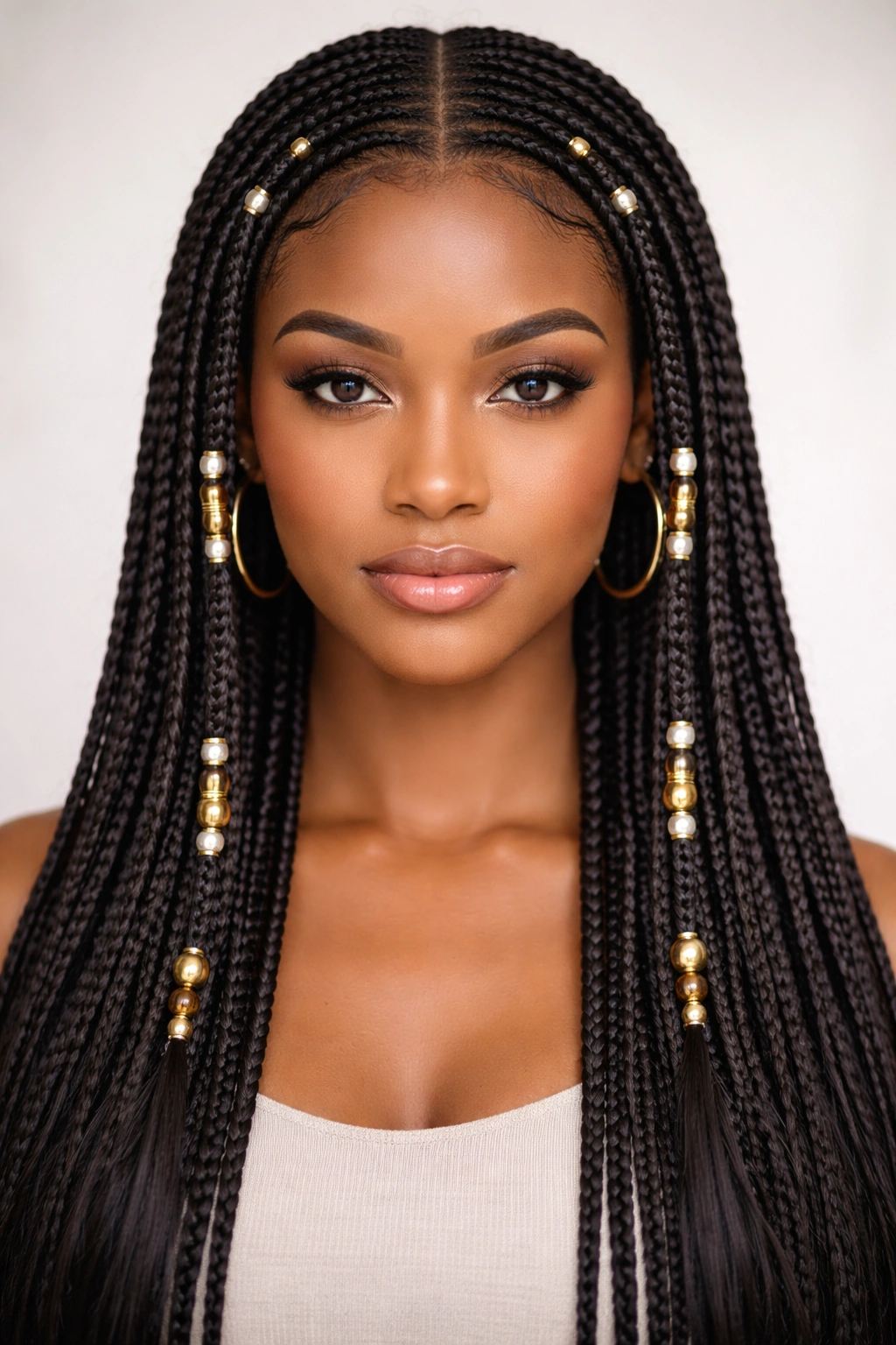 Sleek Fulani crochet braids with a clean middle part and bead accents