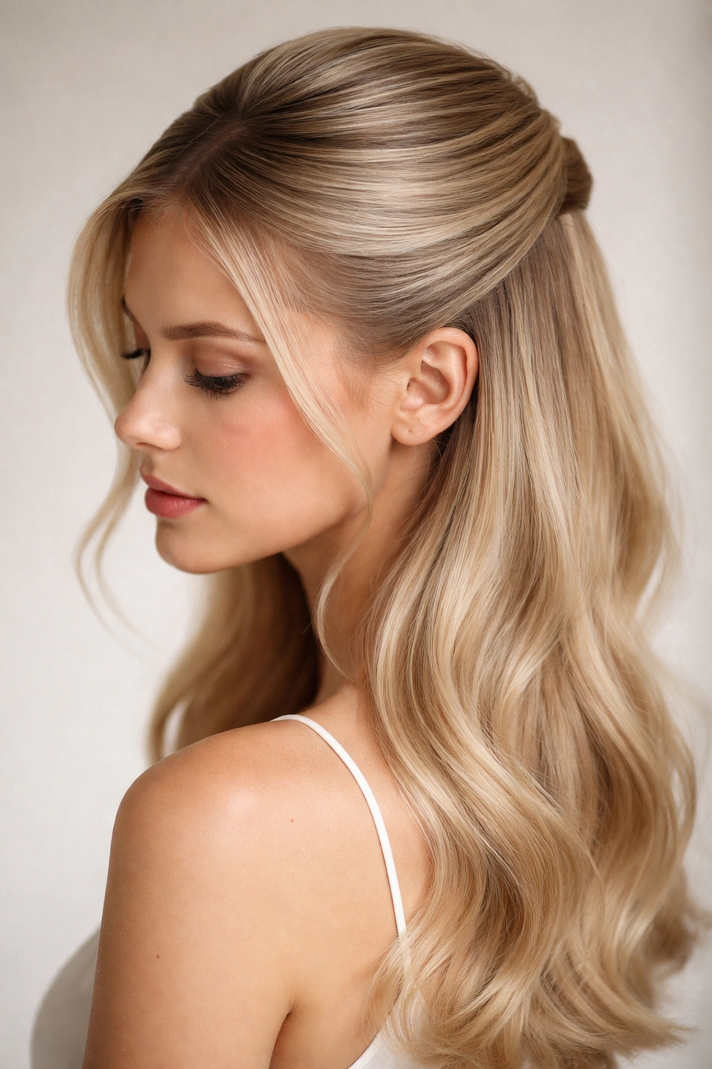 Close-up of sleek half-up gel hairstyle with curved edges on fine hair.