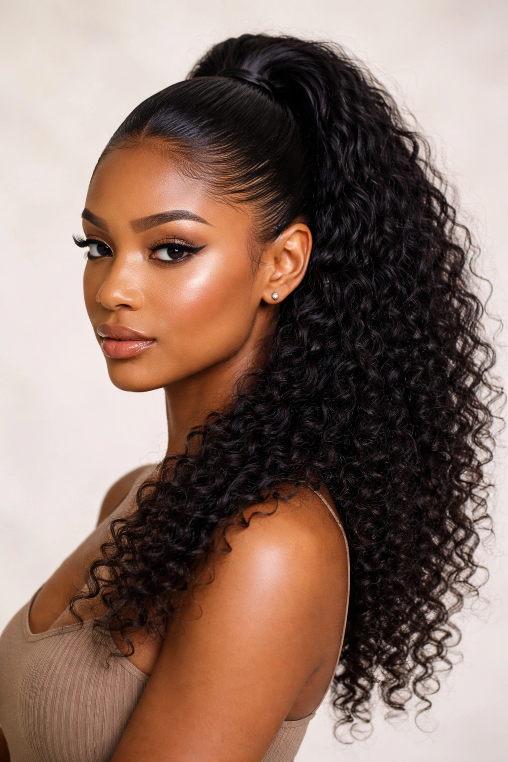 Top section smoothed with gel into a glossy finish, bottom curls natural.