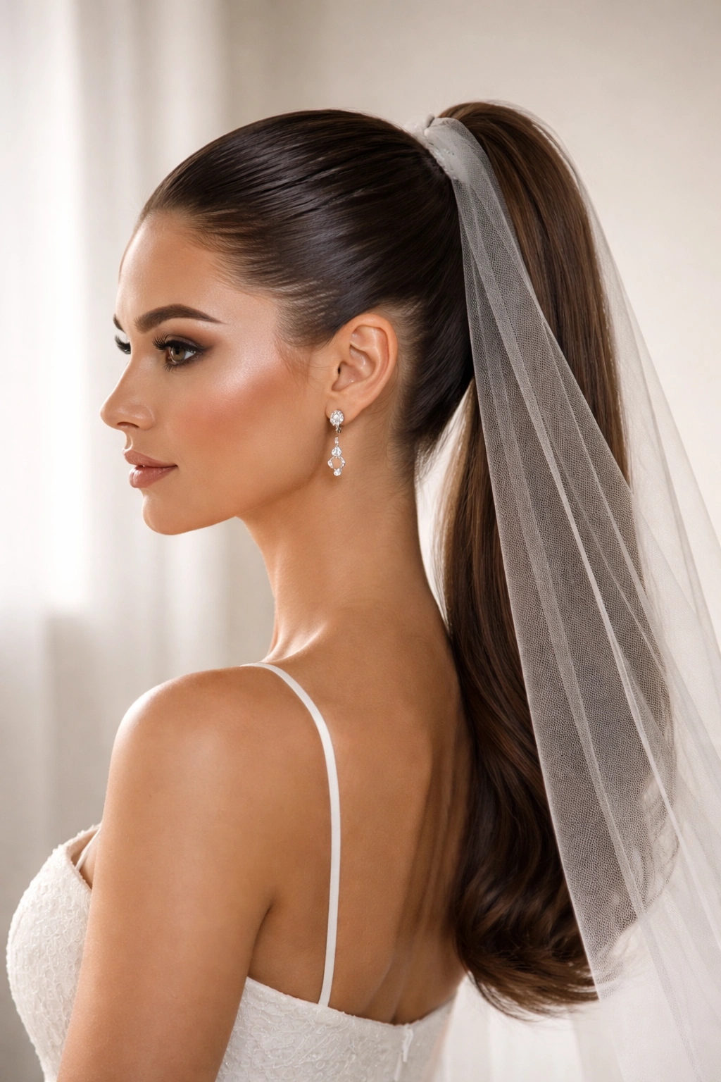 Close-up of sleek gel ponytail with a minimalist veil in studio lighting