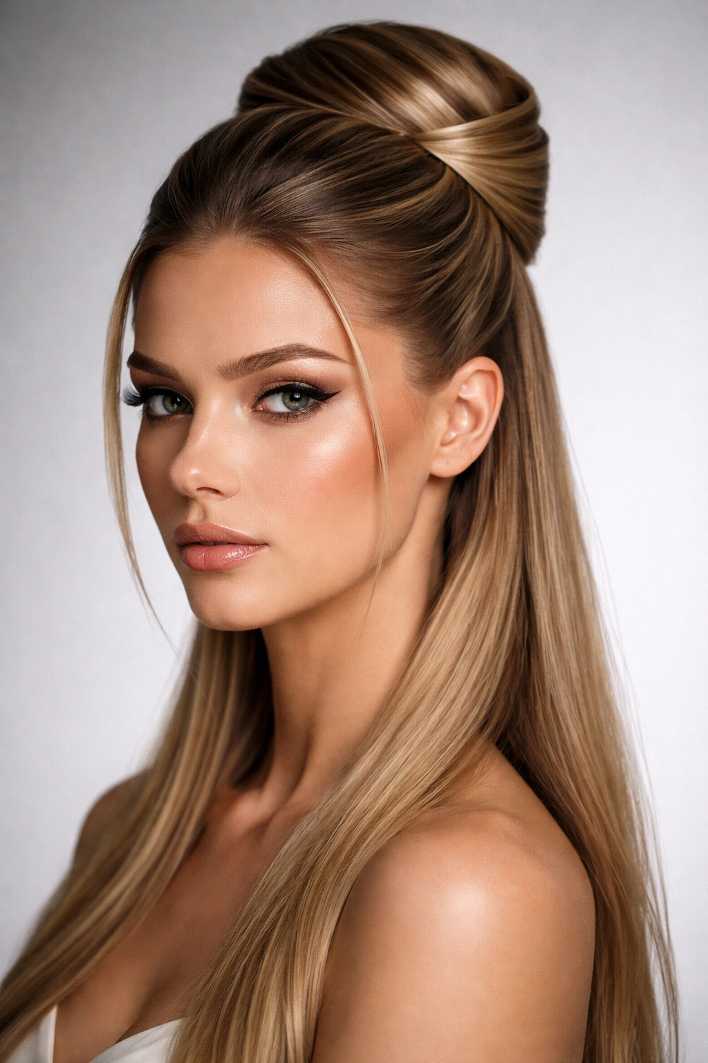 Frontal close-up of sleek geometric bun with sharp lines
