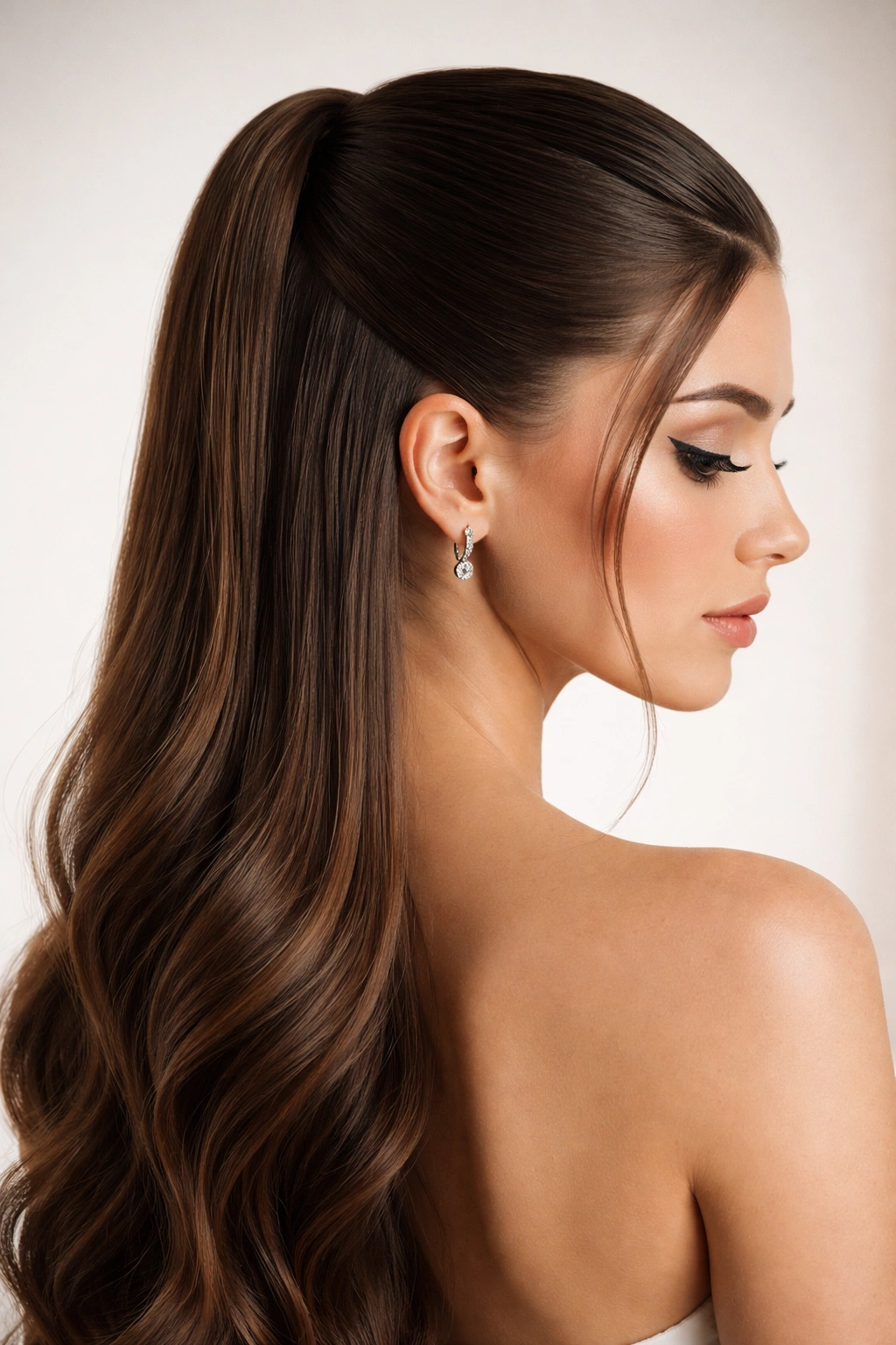 Close-up of a sleek geometric half-up hairstyle with a rectangular crown section and tight ponytail