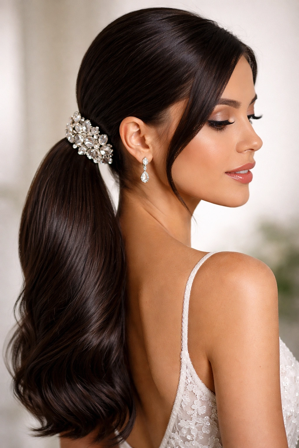 Sleek glossy side ponytail with a bold clip on a neutral studio backdrop