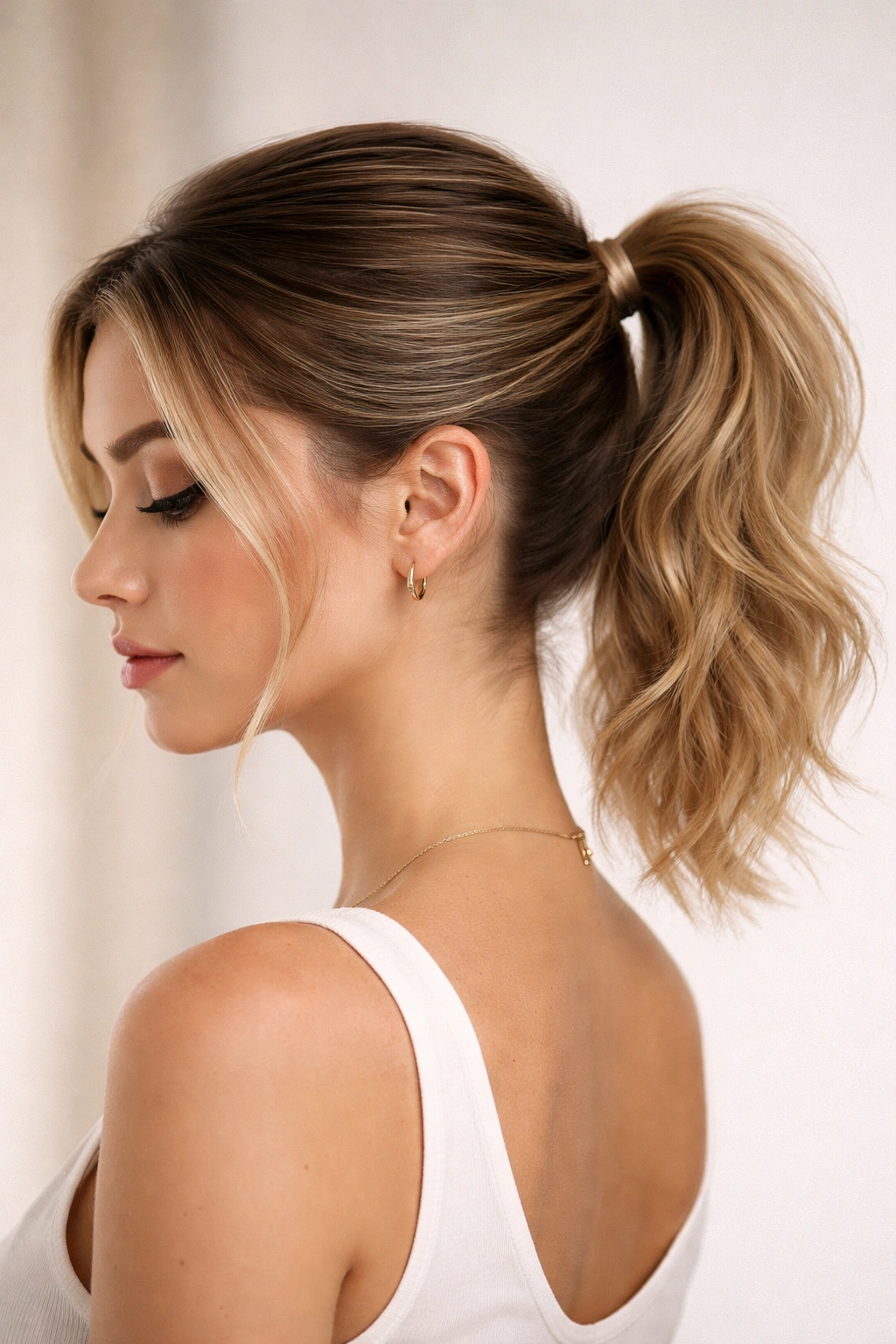 Sleek crown to messy tail gradient ponytail on short hair