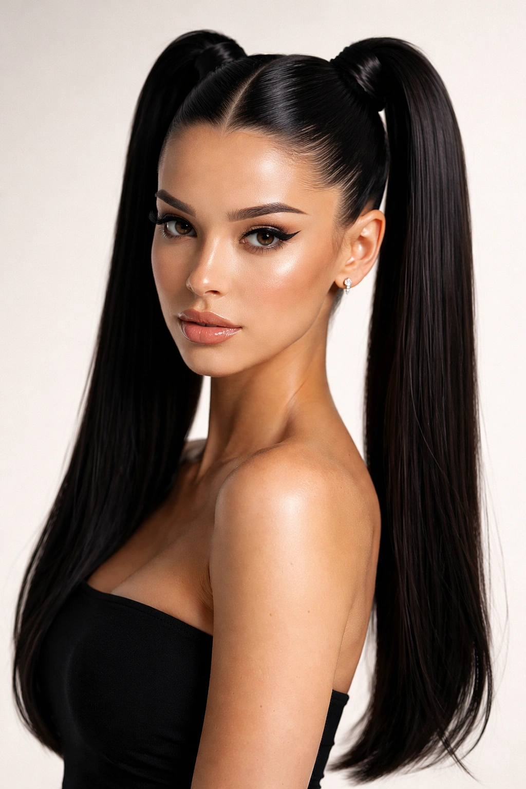 Two sleek, perfectly smooth double ponytails with clean lines and no texture.