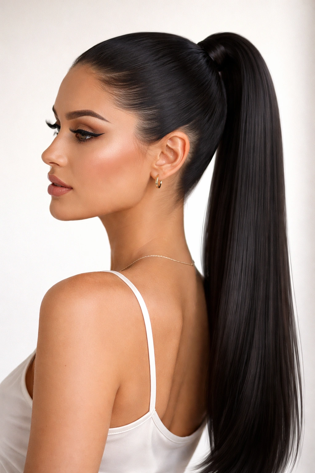 Sleek graphic ponytail with razor-sharp lines and smooth finish