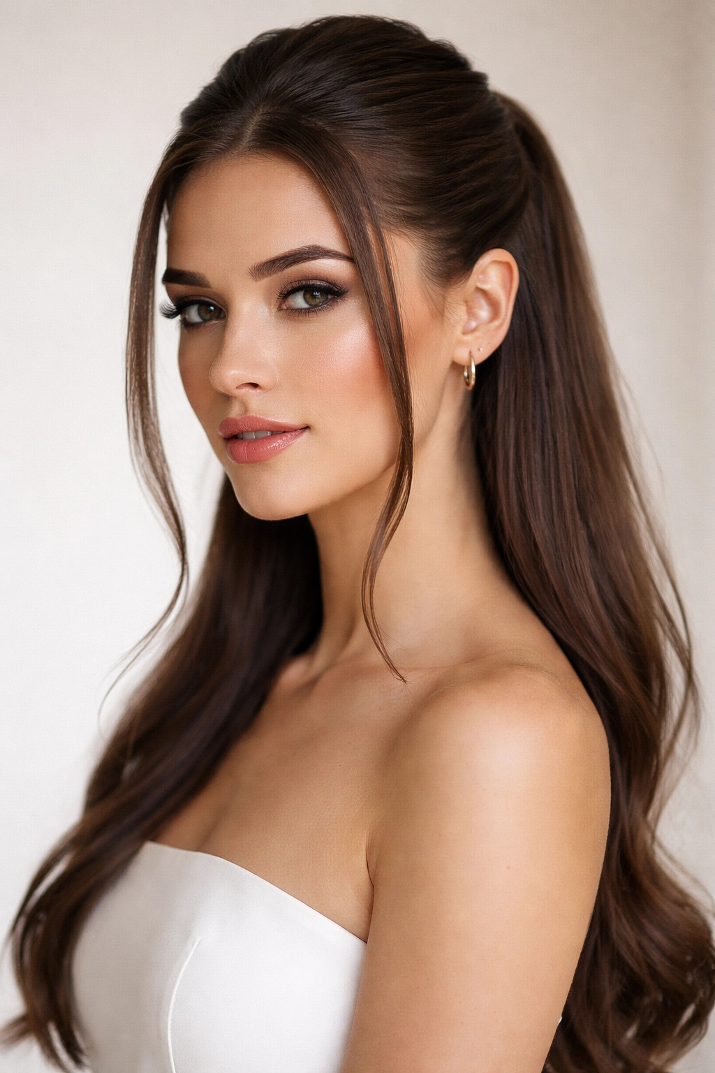 Close-up of sleek half-up hairstyle with face-framing temple strands, polished professional look