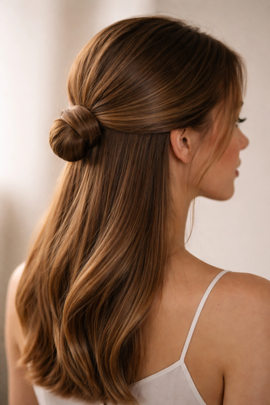 Close-up of Sleek Low Half Bun hairstyle at the nape with flowing hair