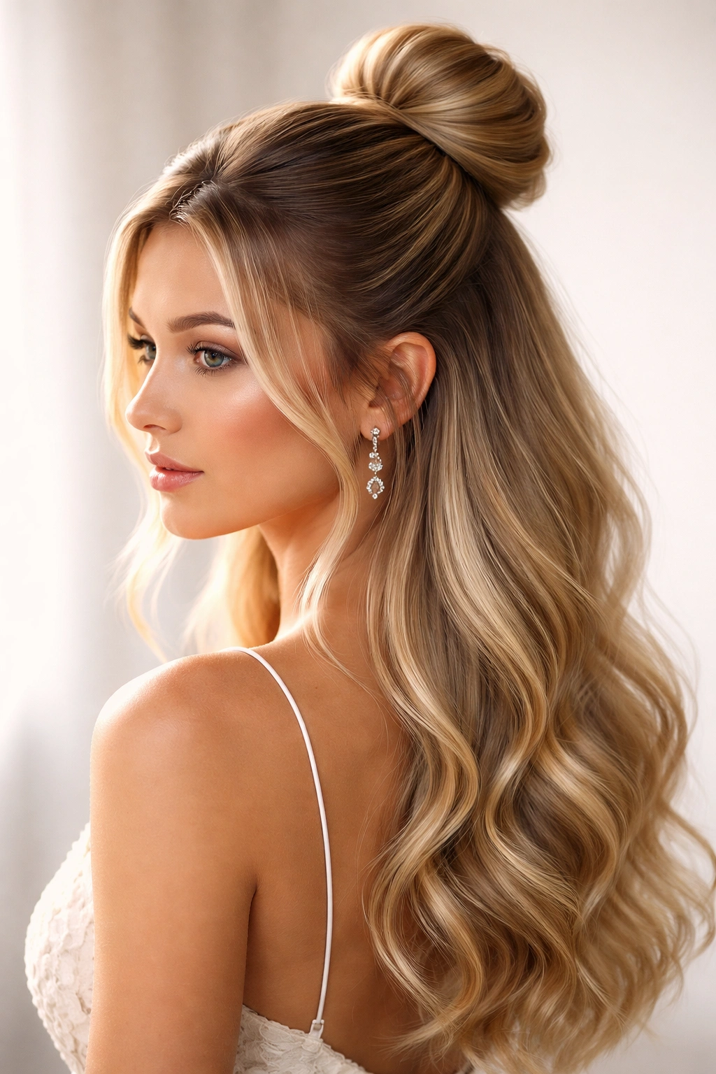 Portrait of a bride showing a sleek, high half bun with loose waves