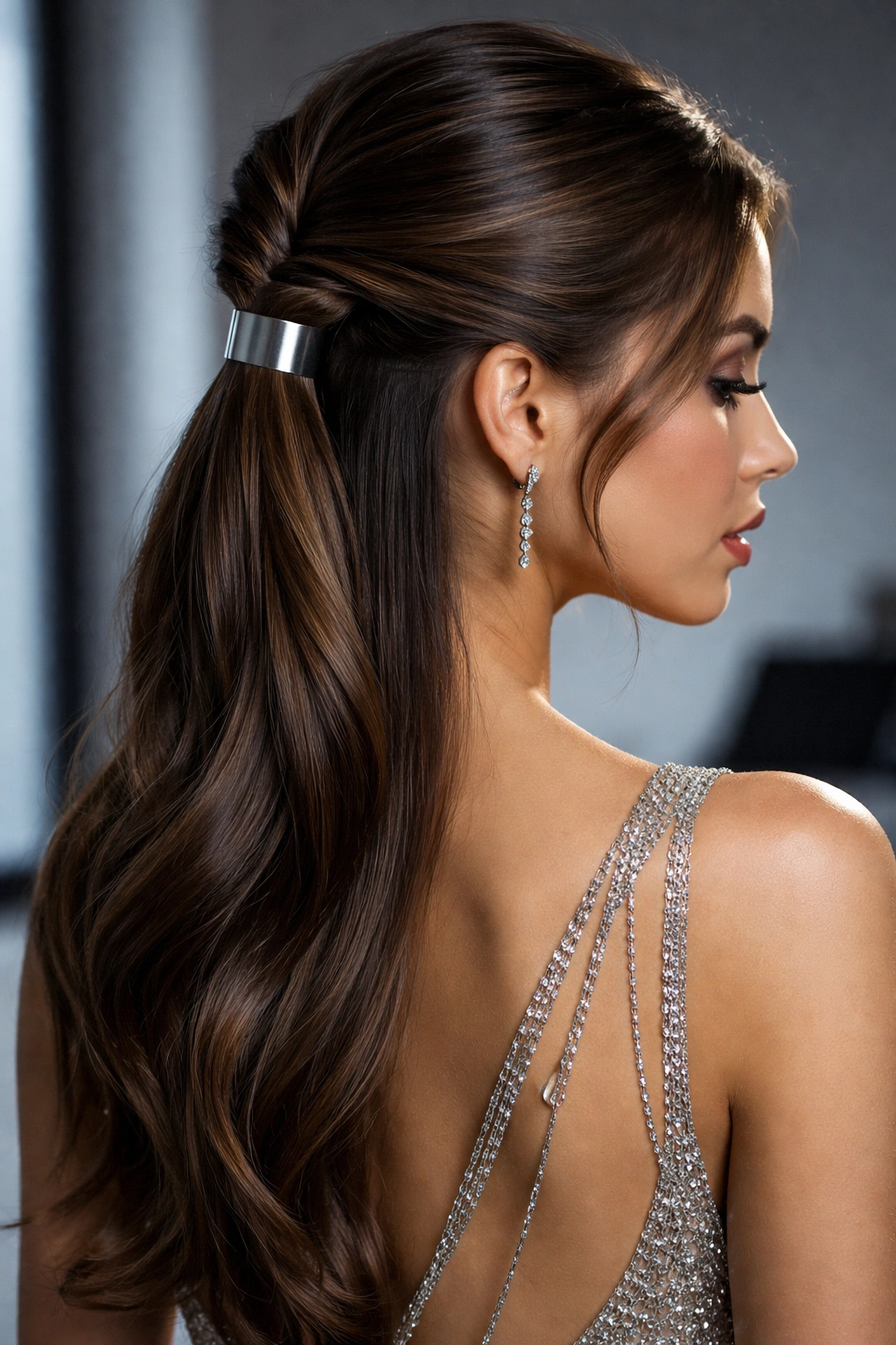 Sleek metallic twisted half pony with hair cuff.