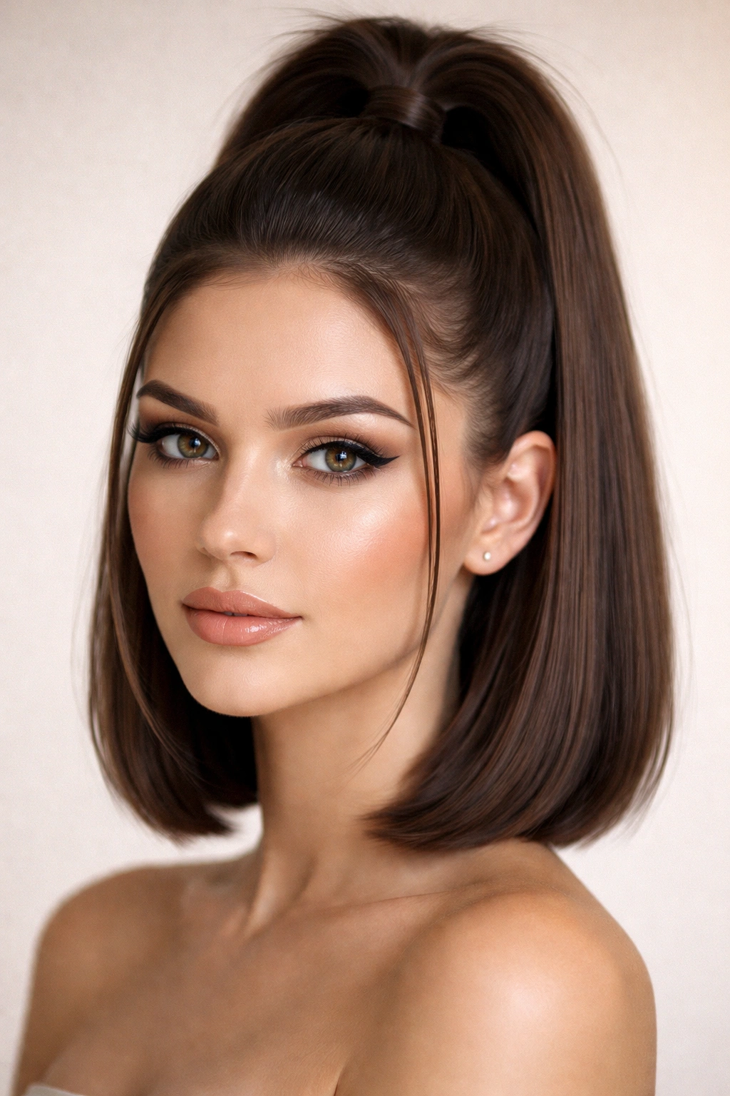 Close-up of a bob with a high sleek half ponytail, crown smooth and shiny