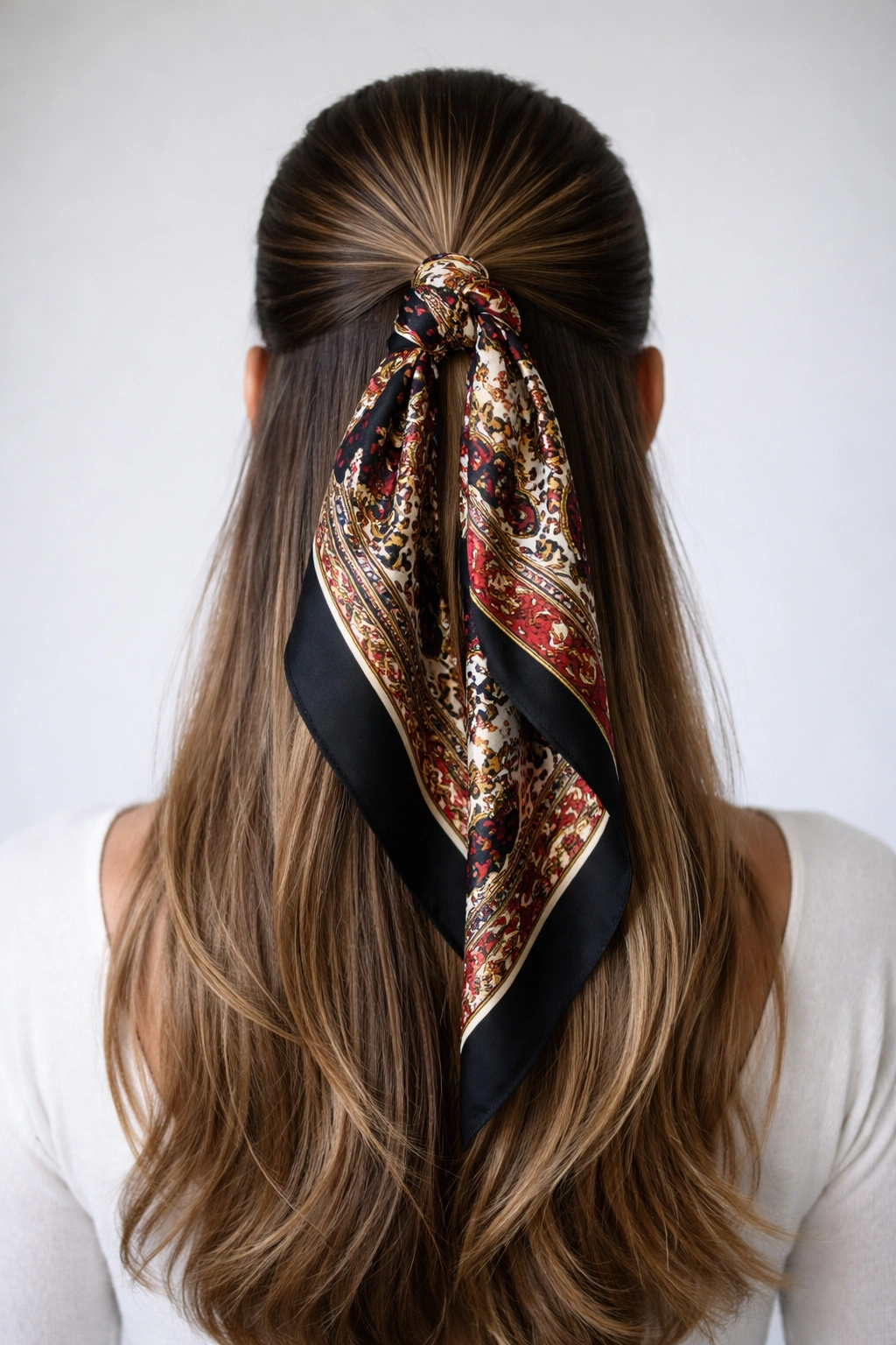 Back view of sleek half-up hairstyle with bold statement bandana