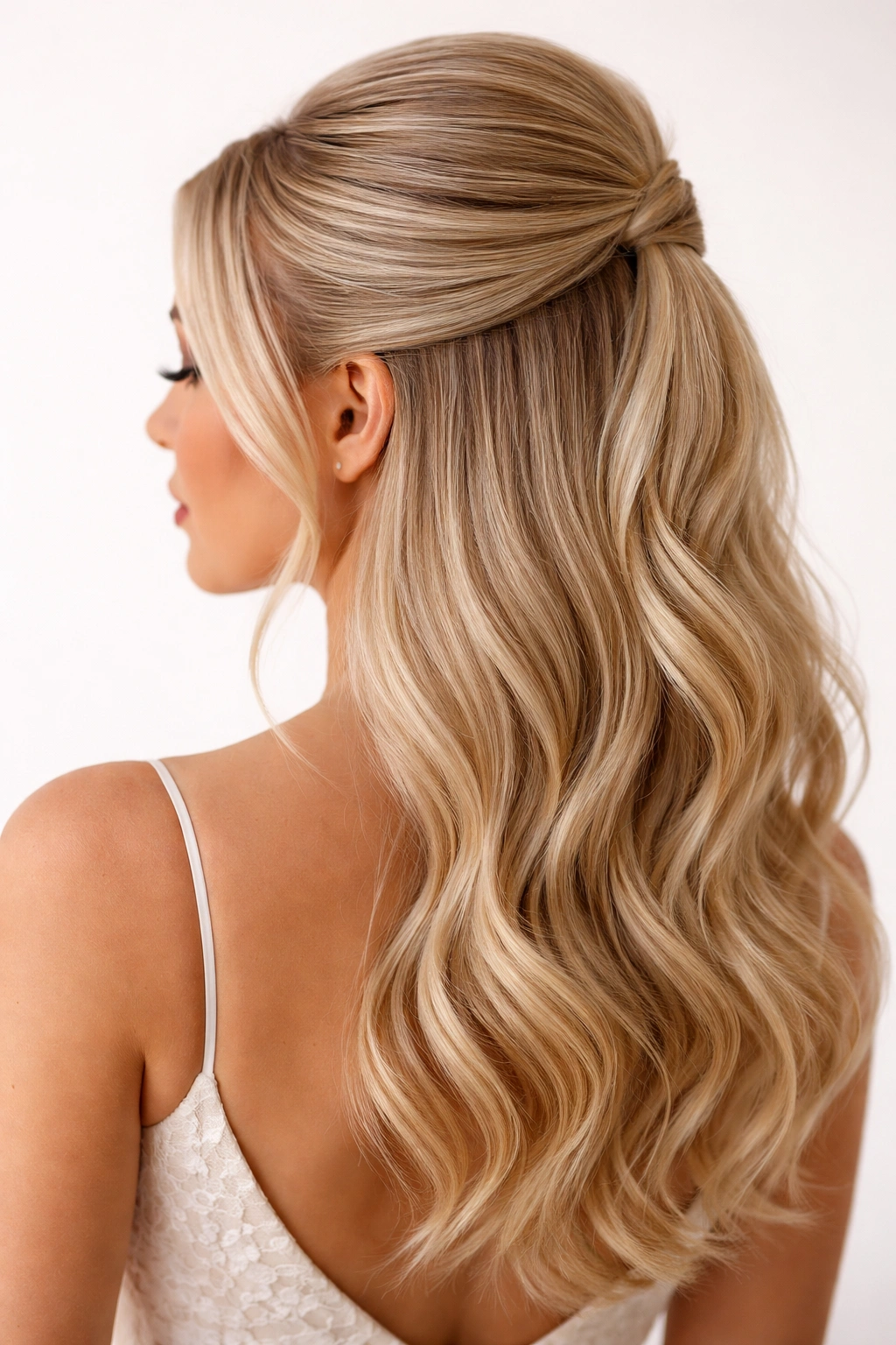 Sleek half-up hairstyle with a smooth top and flowing waves