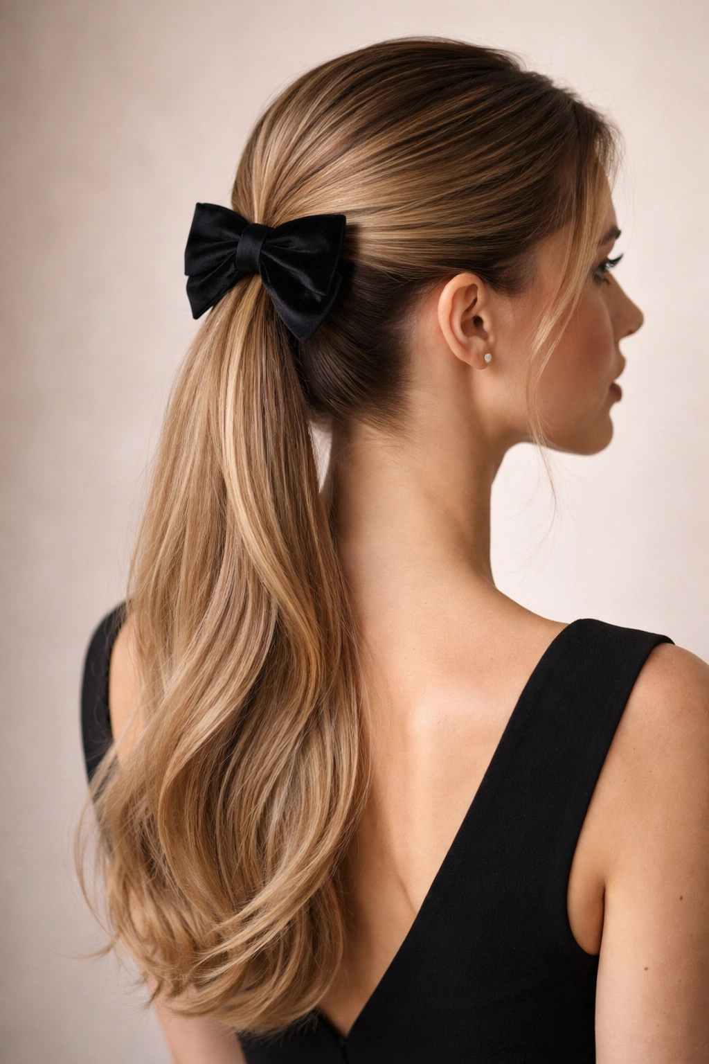 Sleek half-up with low ponytail bow hairstyle
