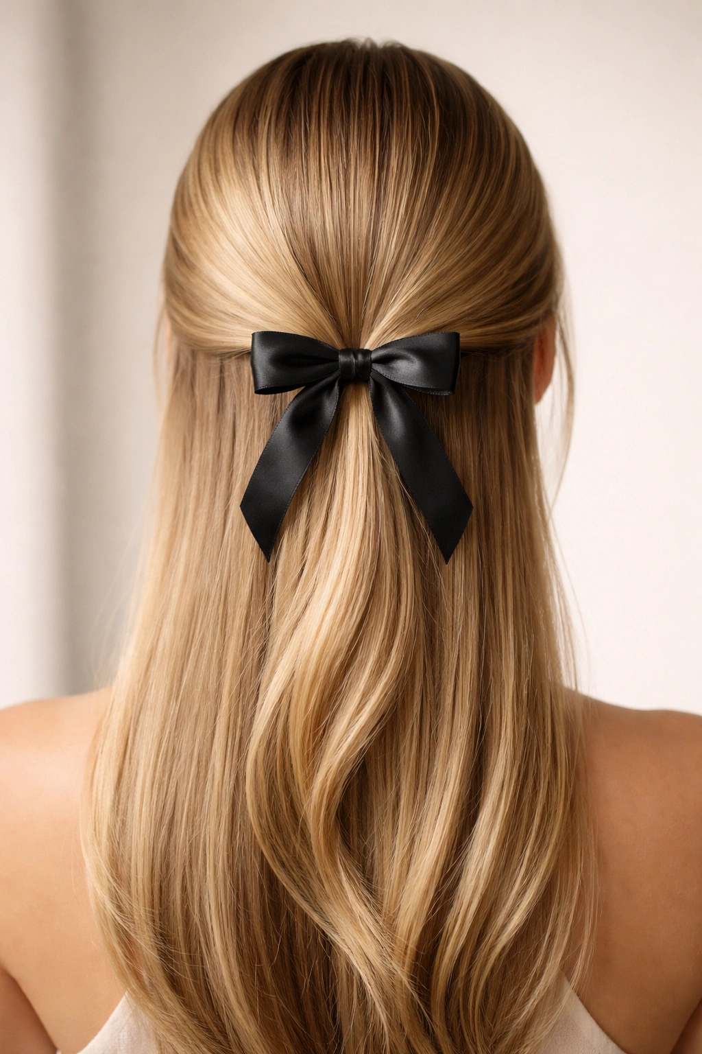 Close-up of sleek low half-up bow hairstyle at nape with straight glossy hair
