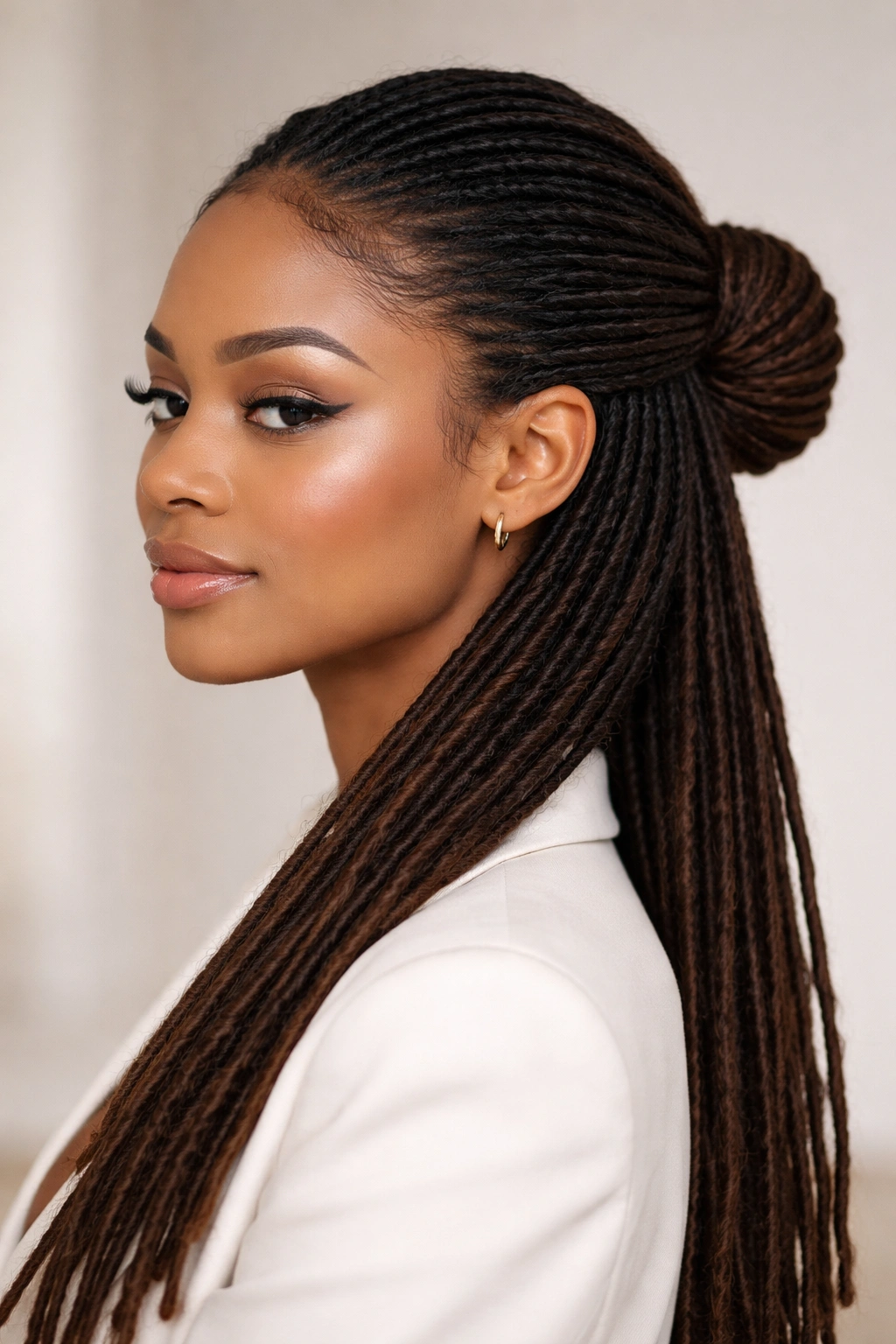 Sleek low half-up bun at the nape with smooth locs and a neat top lift.