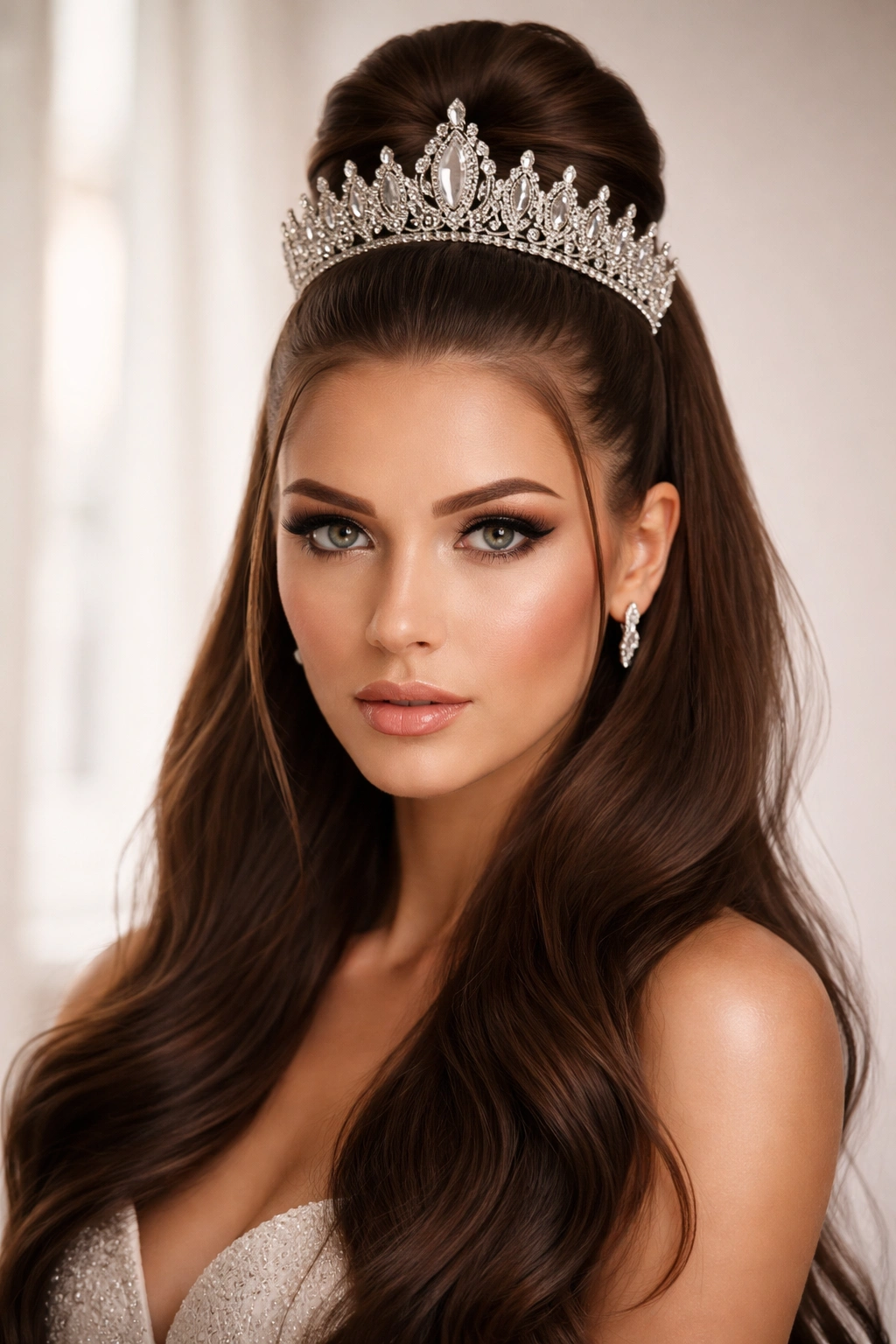 Close-up of sleek high half-up bun with bold tiara on model