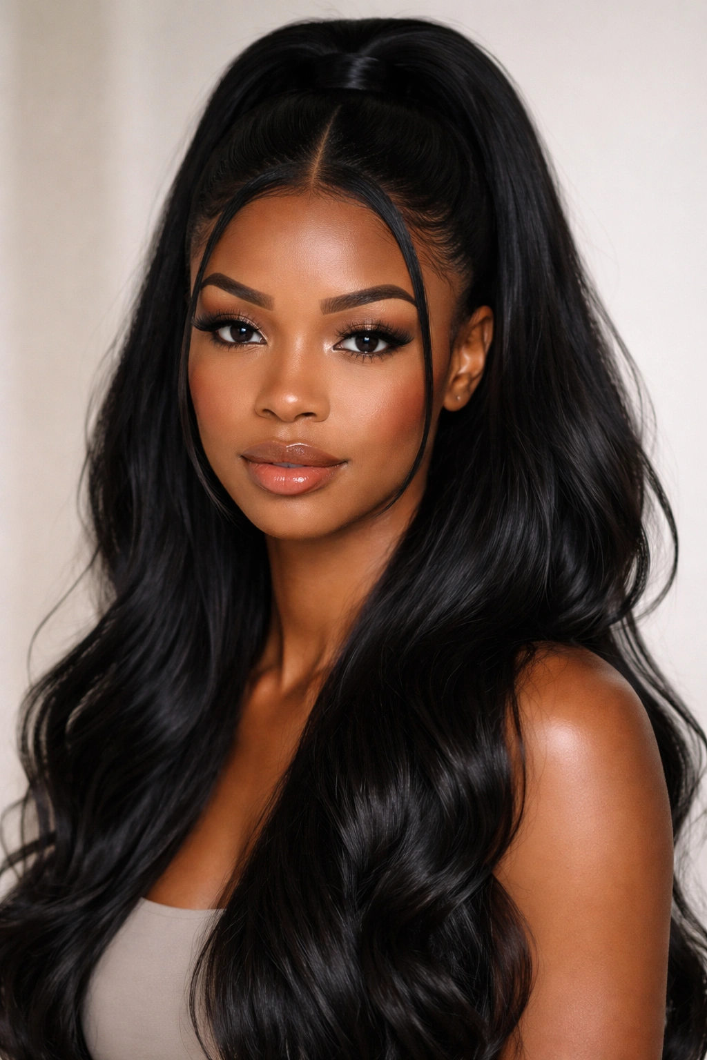 Black woman with a center-part sleek half-up hairstyle featuring a crown at the crown and glossy texture.