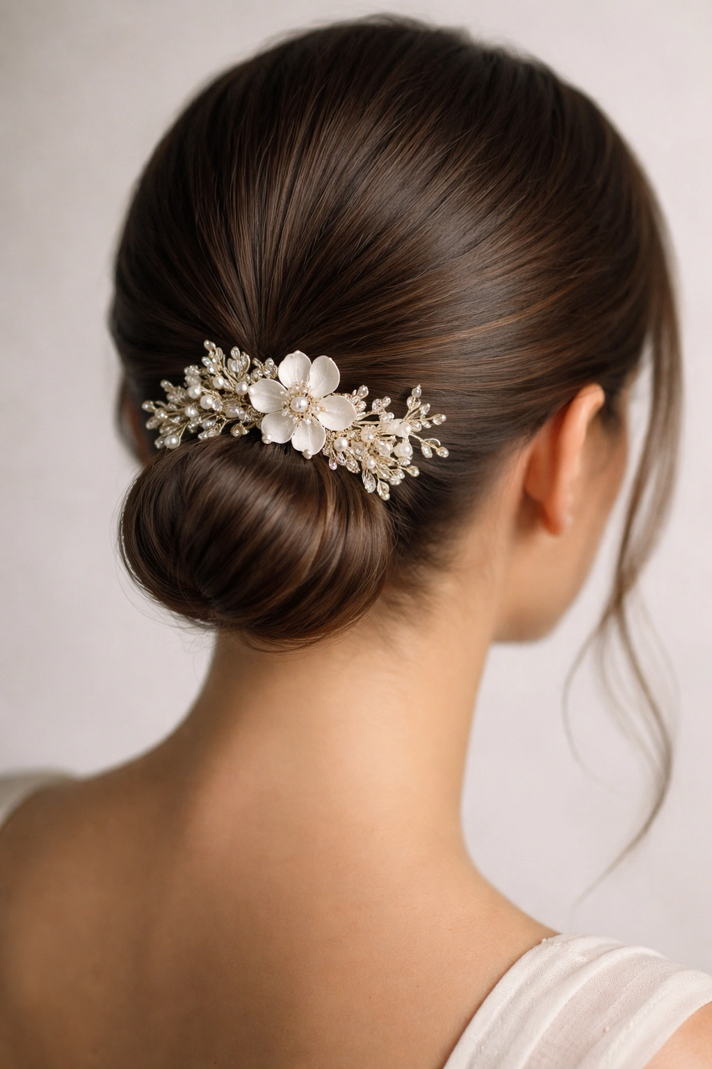 Close-up of a sleek low half-up hairstyle with a structured floral comb at the base