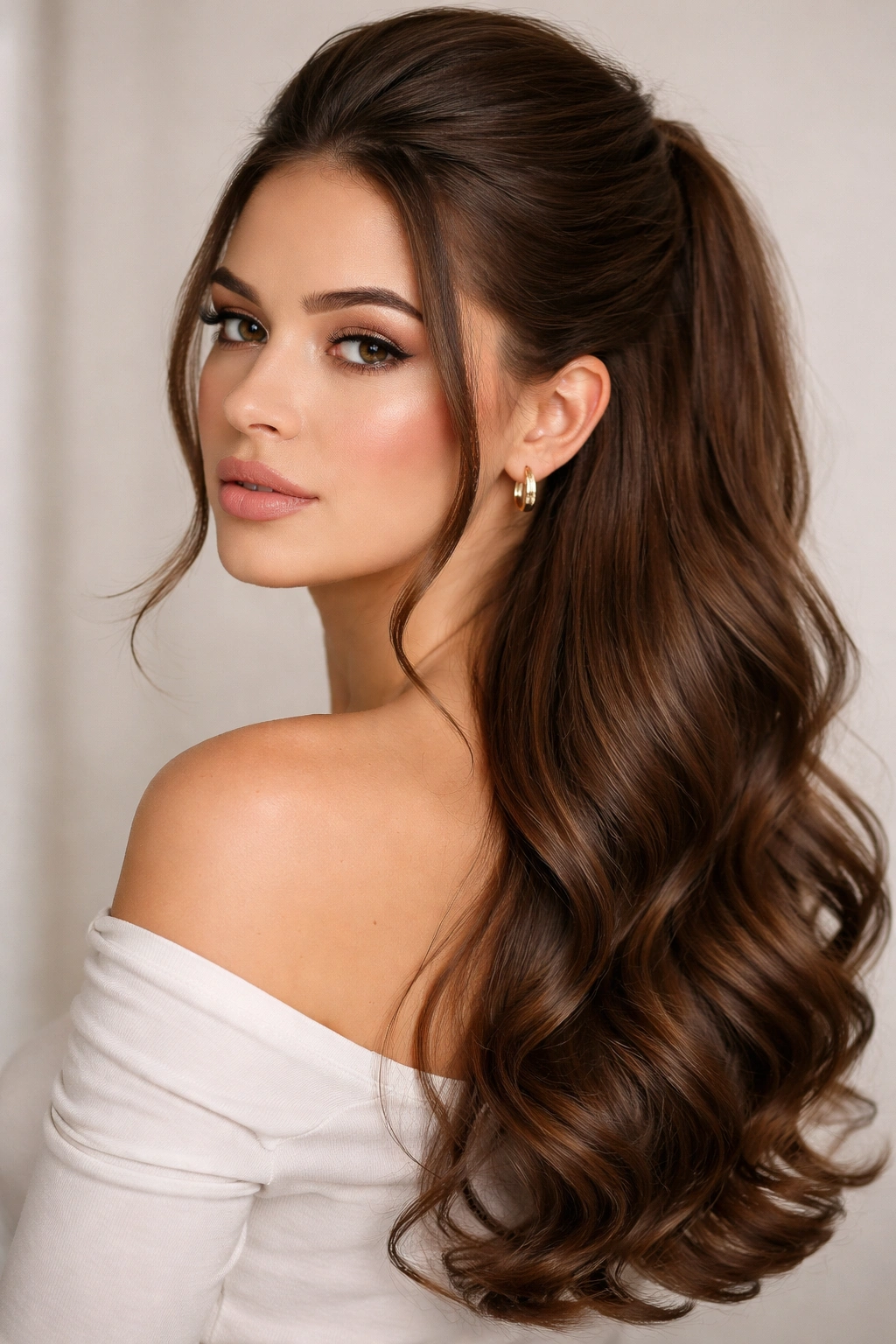 Close-up of sleek half-up hairstyle with soft curled ends on thick hair