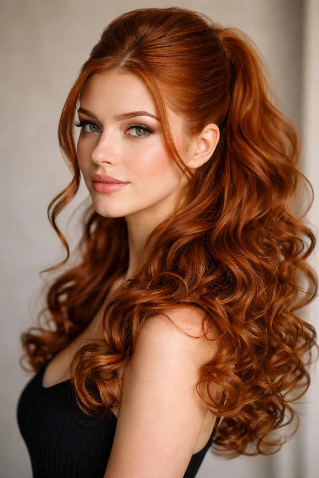 Sleek half up hairstyle with curly volume below on red hair