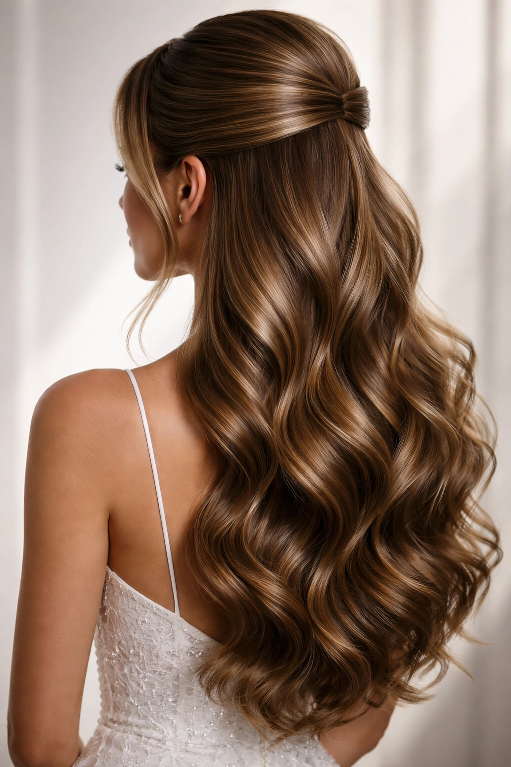 Polished half-up with sculpted back and dramatic waves over shoulders