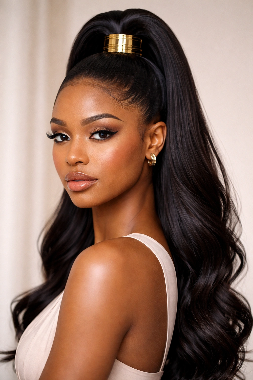 Close-up of sleek high half-up hairstyle with gold cuffs