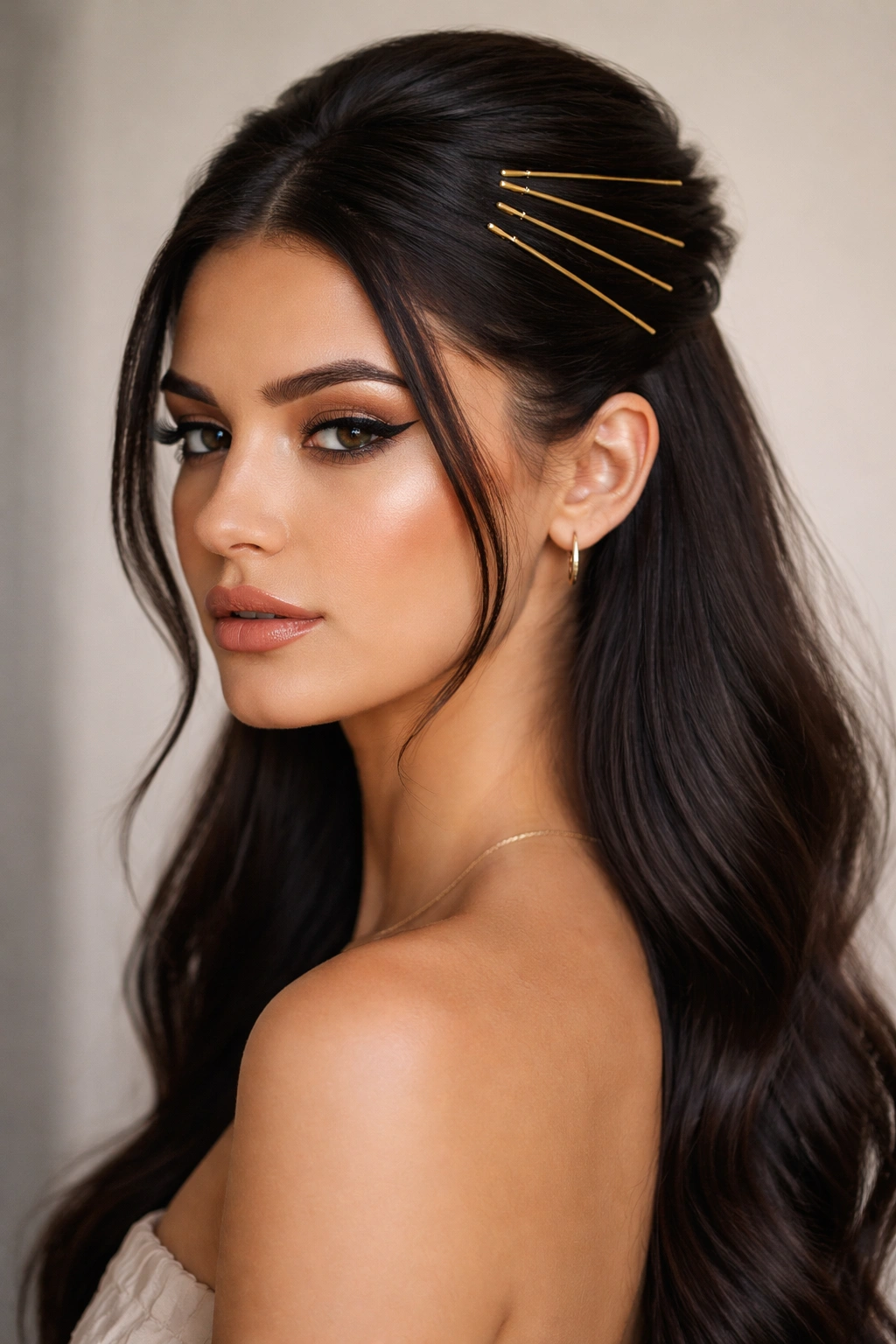 Close-up of sleek half-up hairstyle with gold bobby pins against dark hair