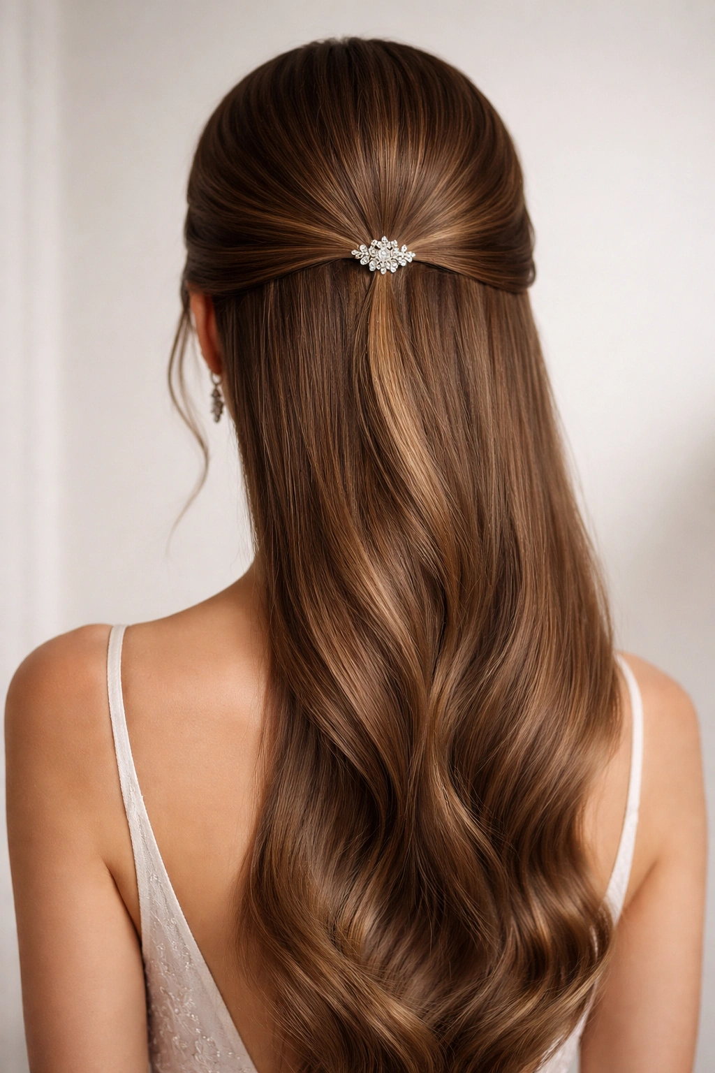 Close-up of a sleek low half-up hairstyle at the nape with center jeweled accessory