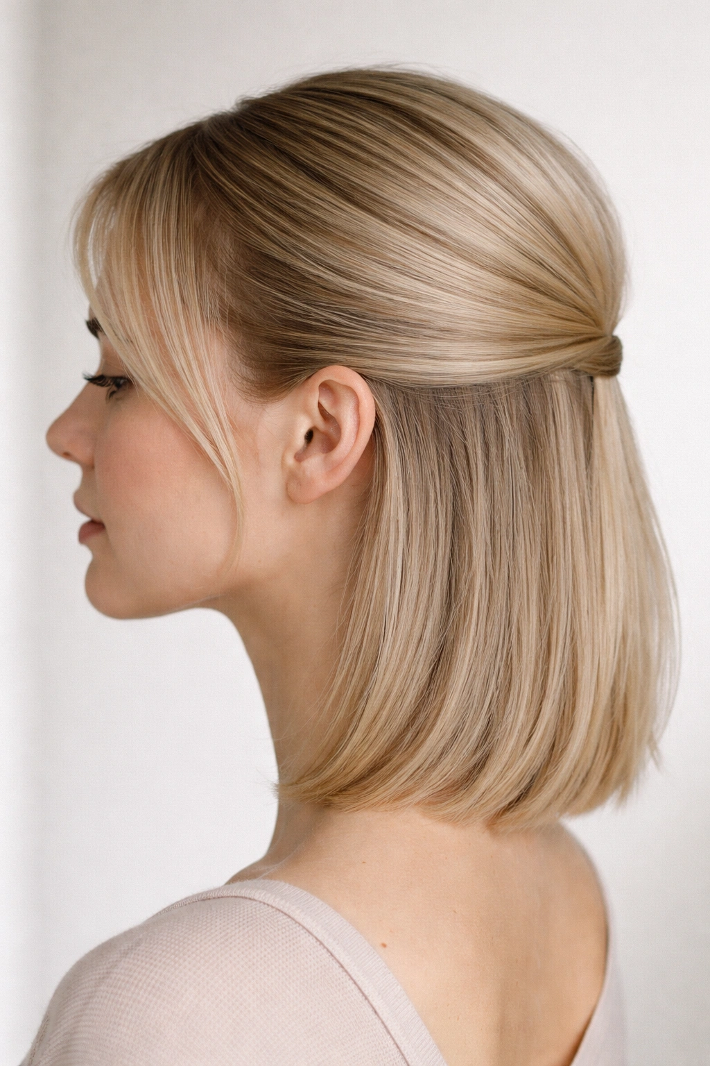 Sleek low half-up hairstyle with smooth crown and neat nape line