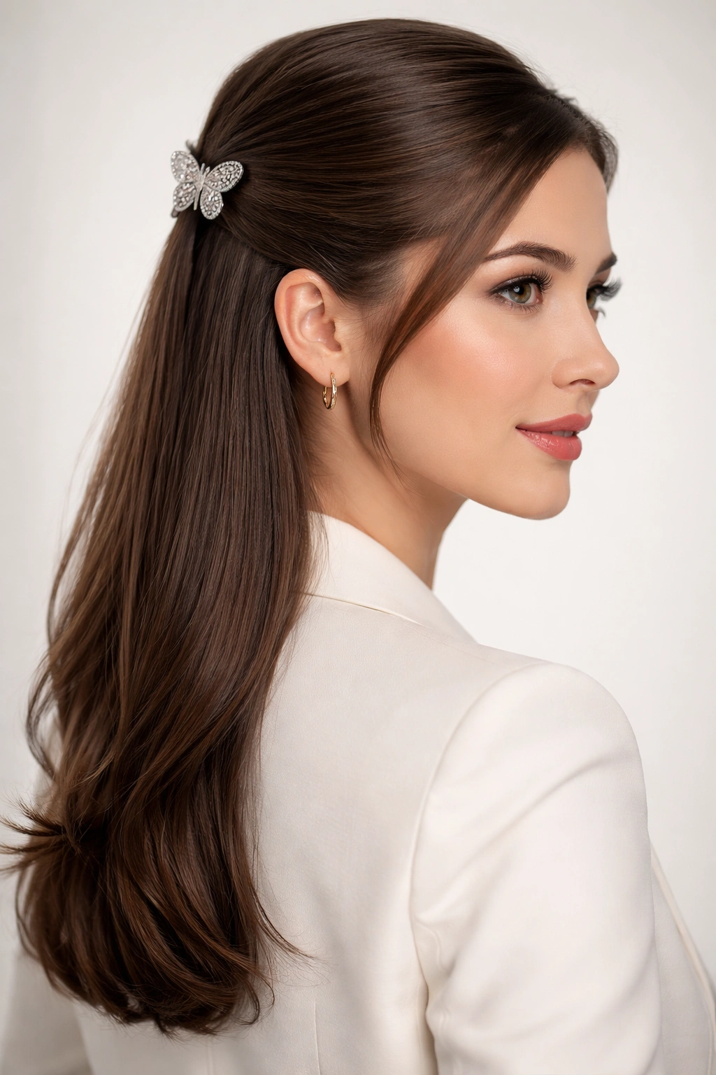 Polished half-up hairstyle with a subtle butterfly clip, studio lighting