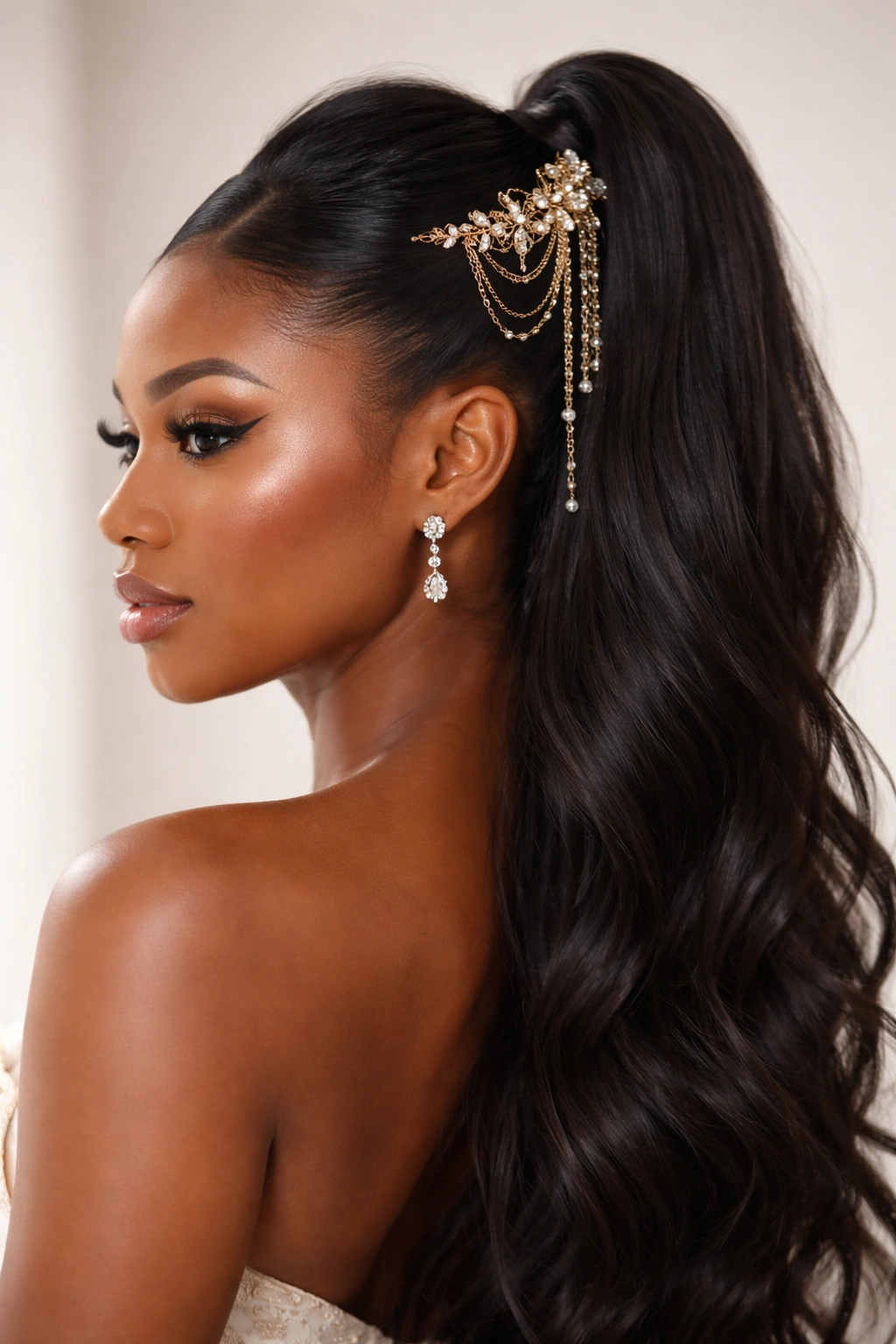 Sleek half-up hairstyle with decorative hair jewelry at the crown.