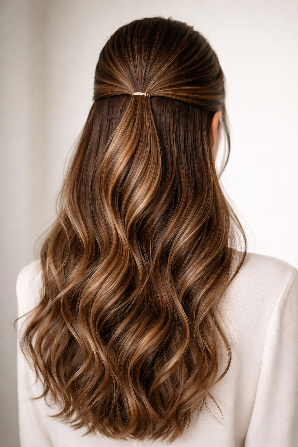 Sleek half-up hairstyle with smooth top and textured waves