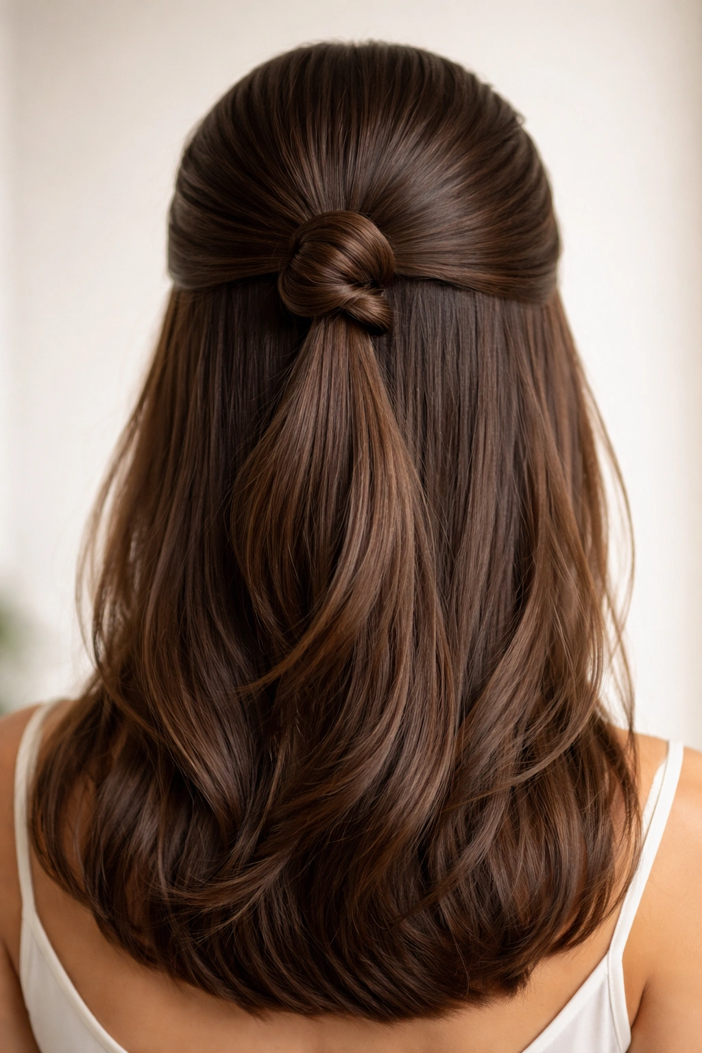 Sleek half-up knot with glossy, smooth hair at the crown.