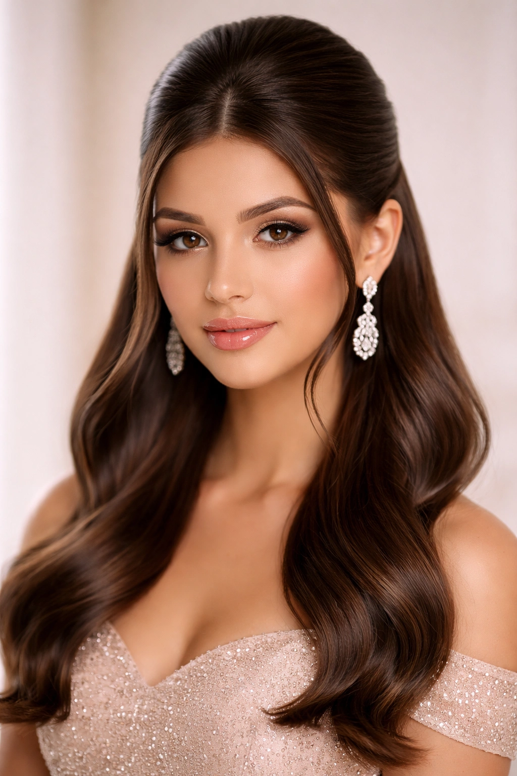 Sleek half-up hairstyle with smooth upper section and glossy lower waves.