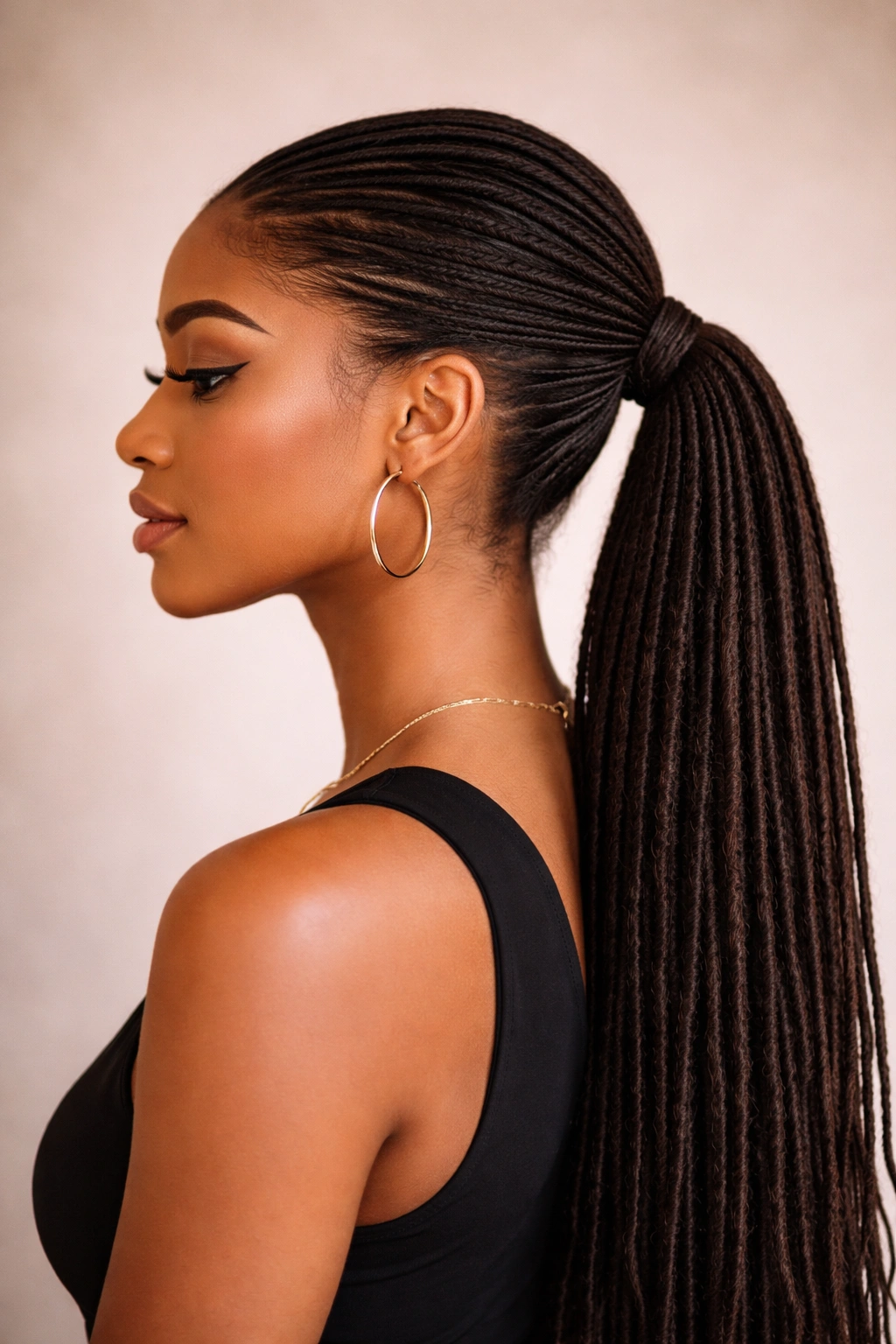 Low half up ponytail at the nape with sleek finish