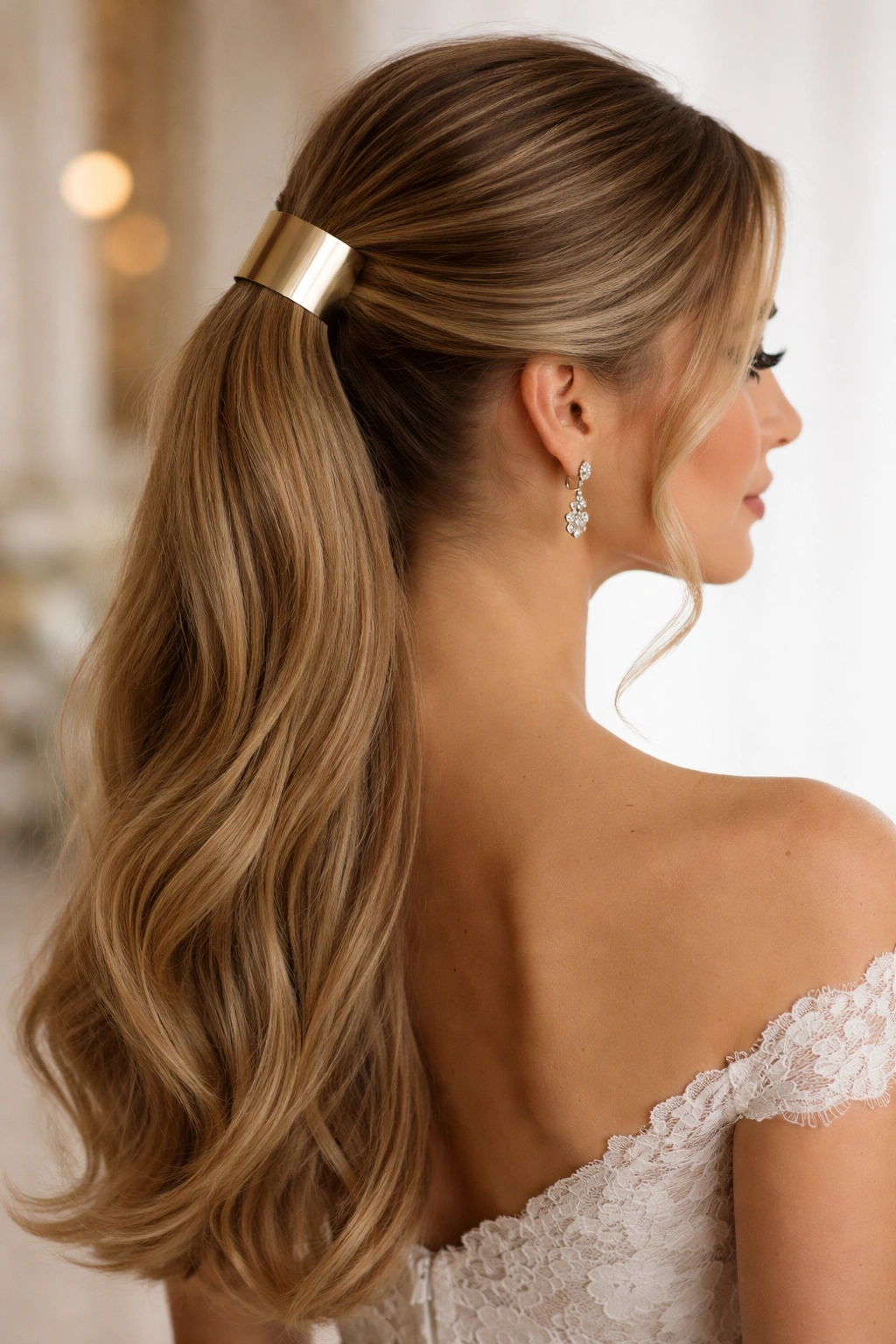 Bridal sleek half up ponytail with metallic accents