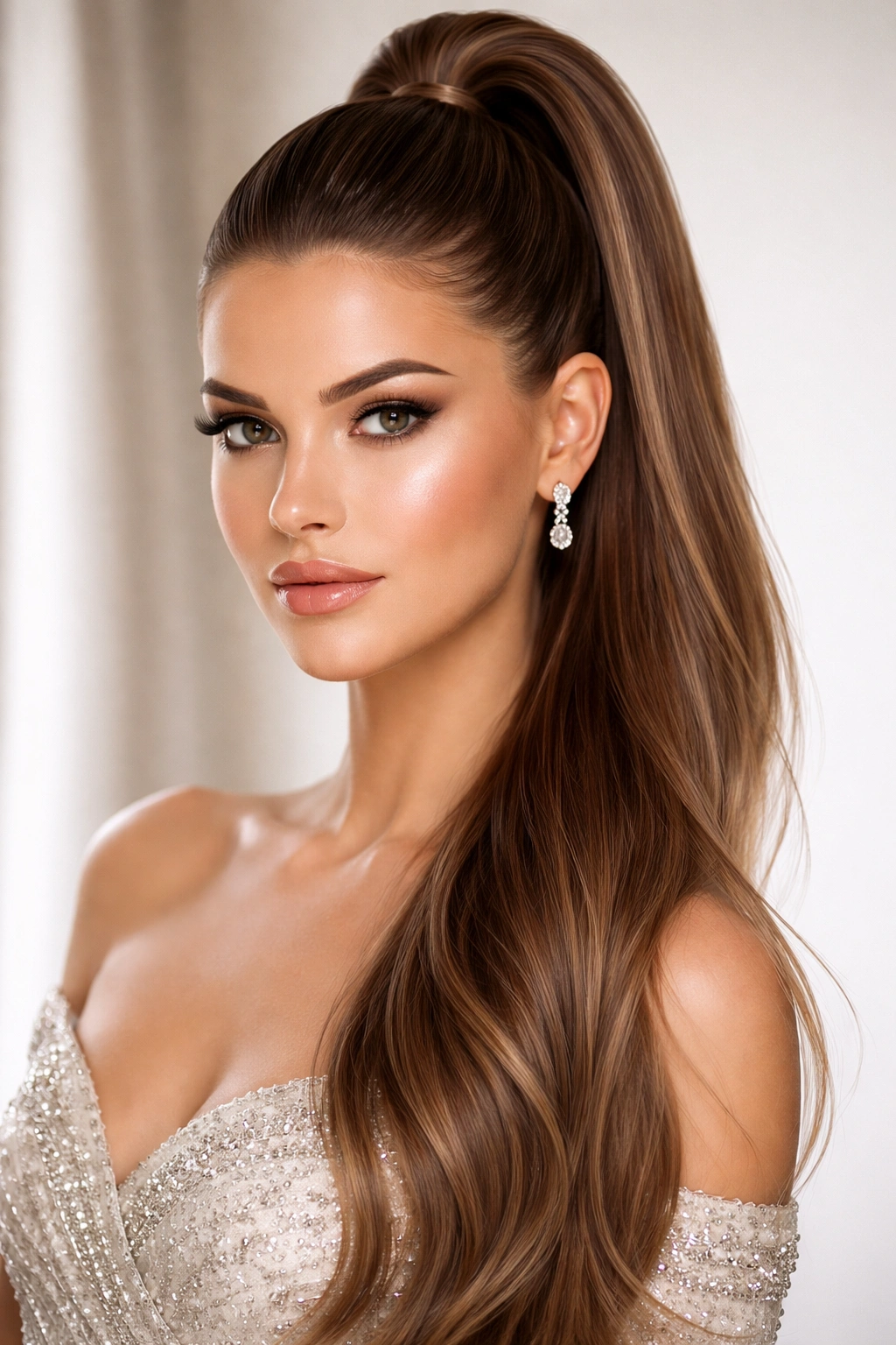 Sleek half-up with high pony and glossy finish