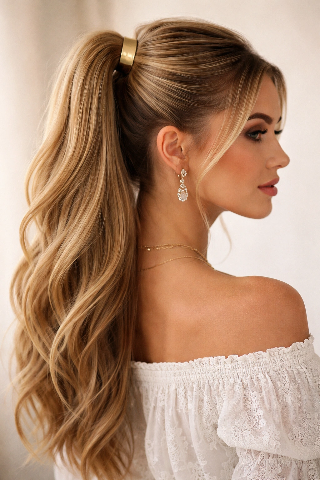 Sleek half-up ponytail with metallic hair accessory