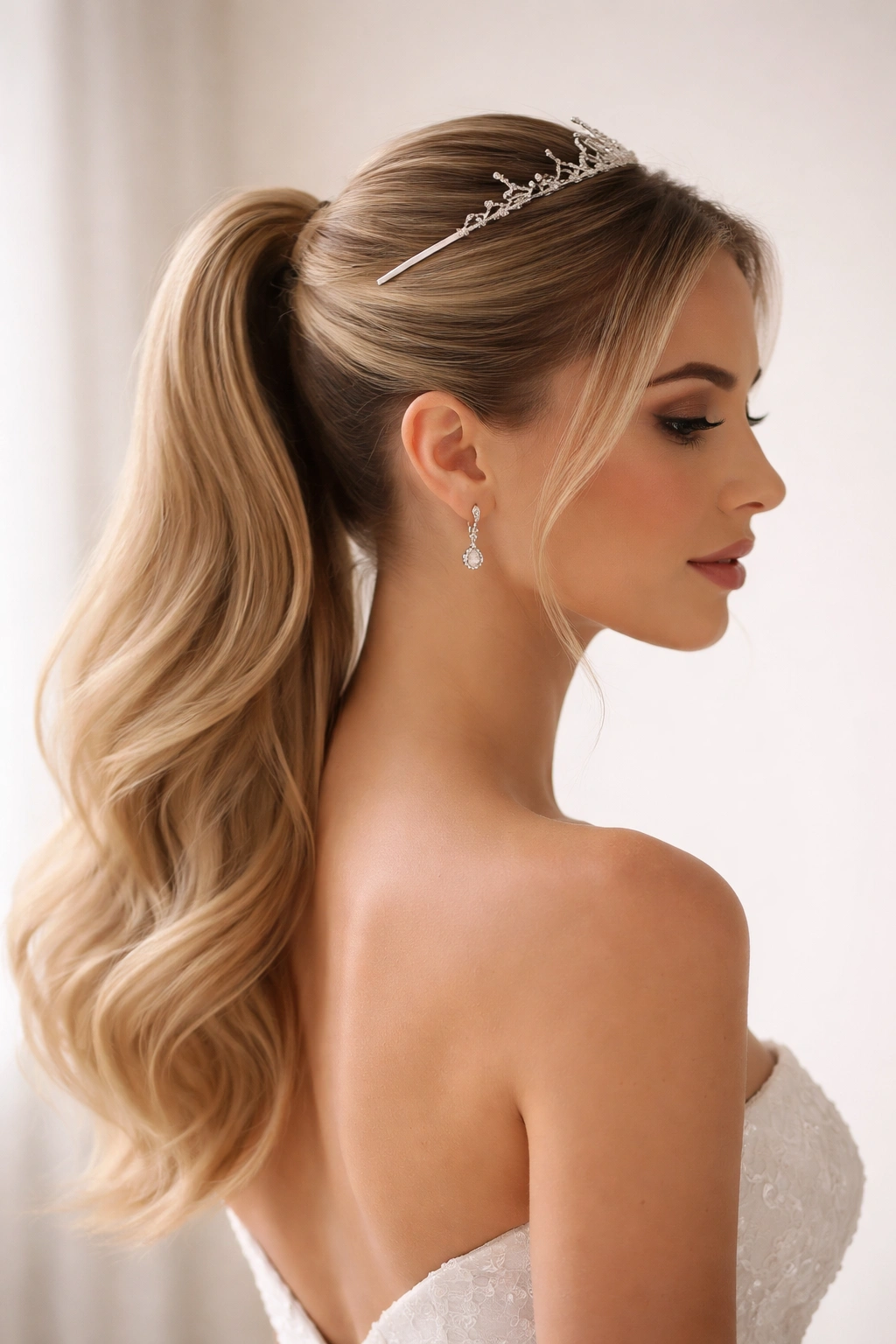 Profile view of a bride with a sleek half-up ponytail and minimalist tiara