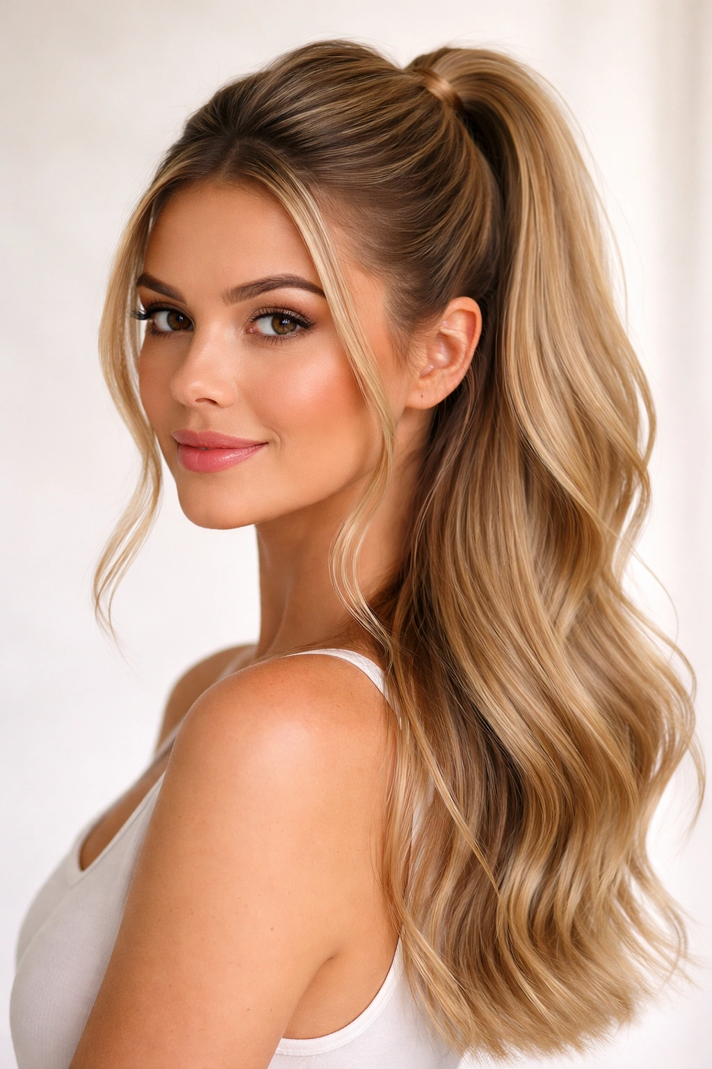 Half-up hairstyle with a sleek ponytail base and loose lower hair