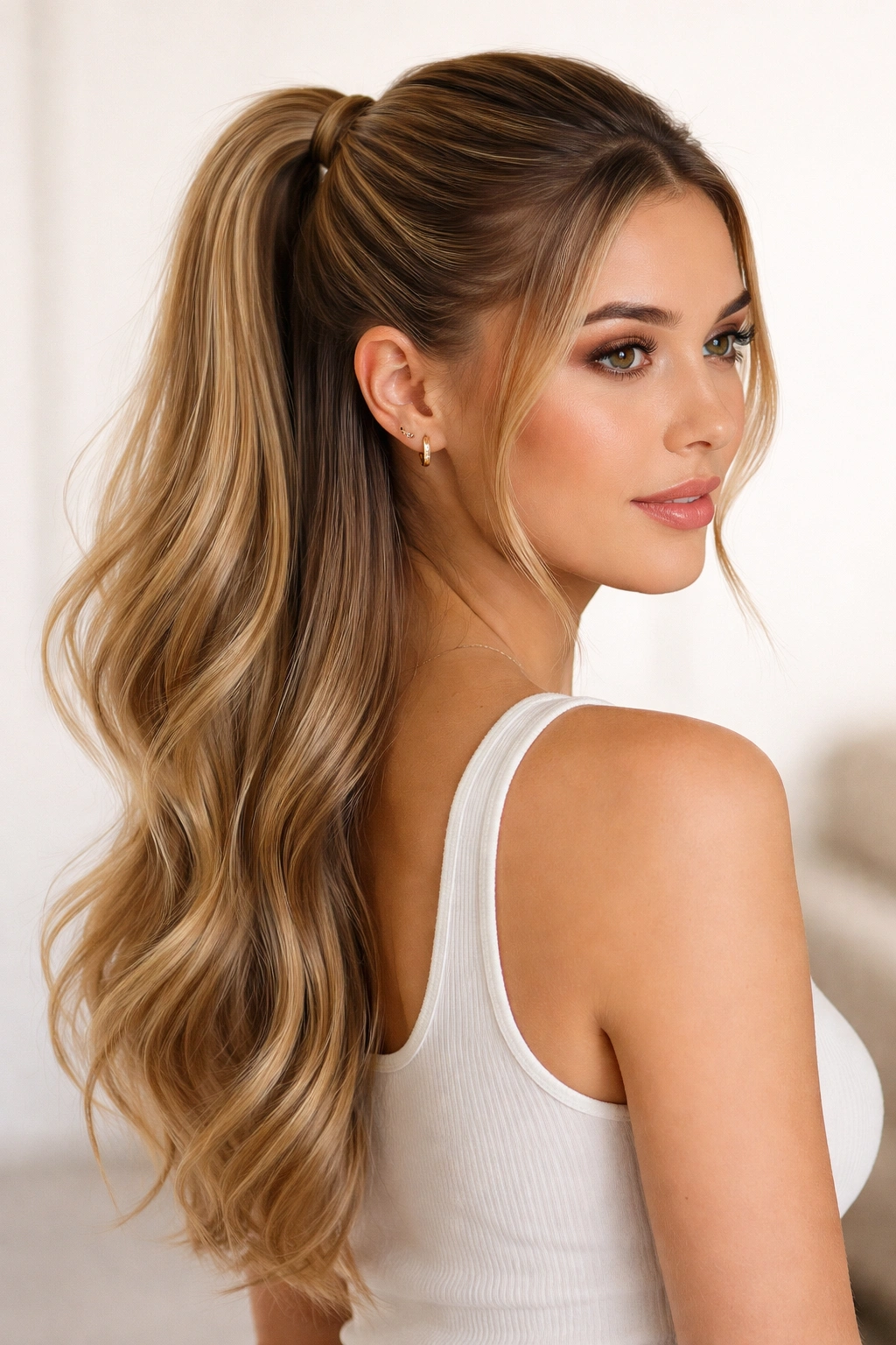 Long-haired model with a smooth, glossy top ponytail and loose bottom hair