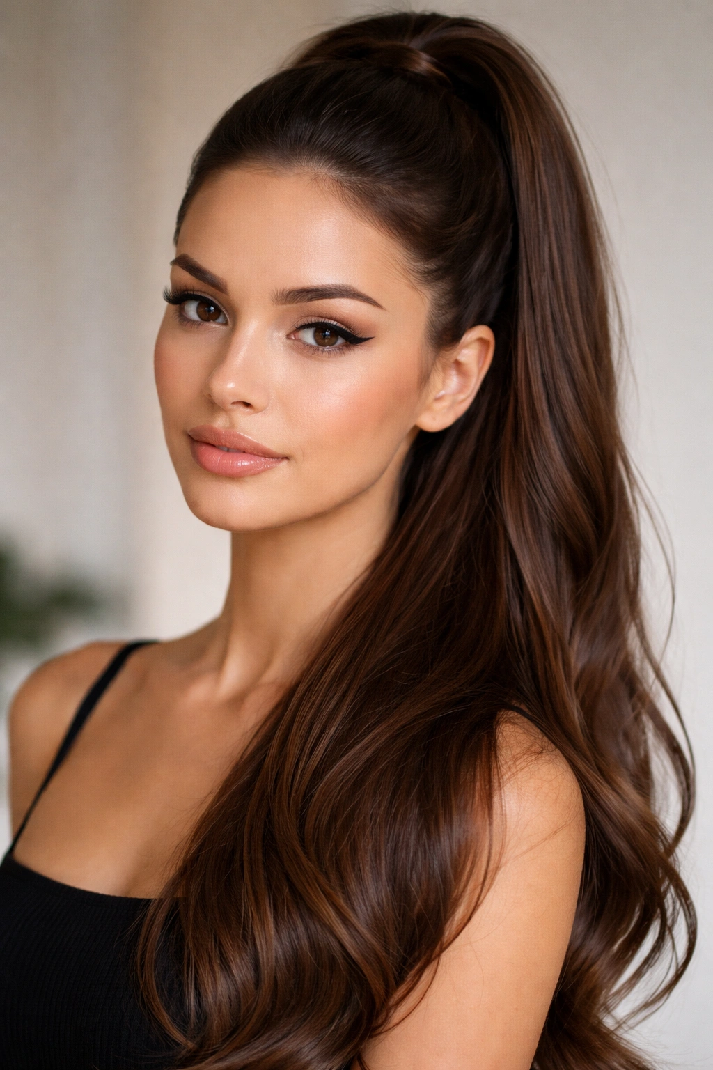 Half-up ponytail with upper section secured and lower hair flowing