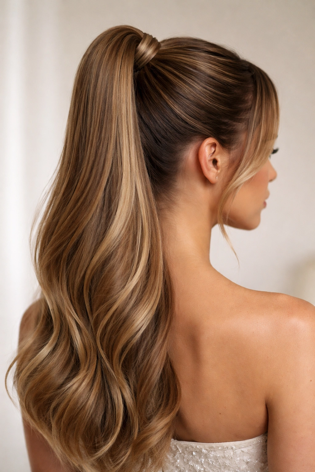 Close-up of a sleek high half-up ponytail with polished crown pull
