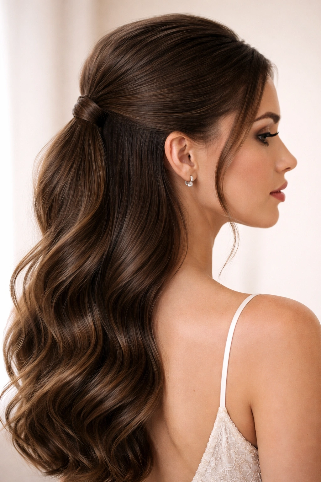 Sleek low half up ponytail with smooth crown and soft waves below