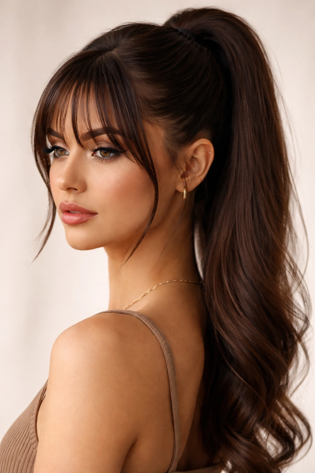 Sleek half-up ponytail with bangs left loose