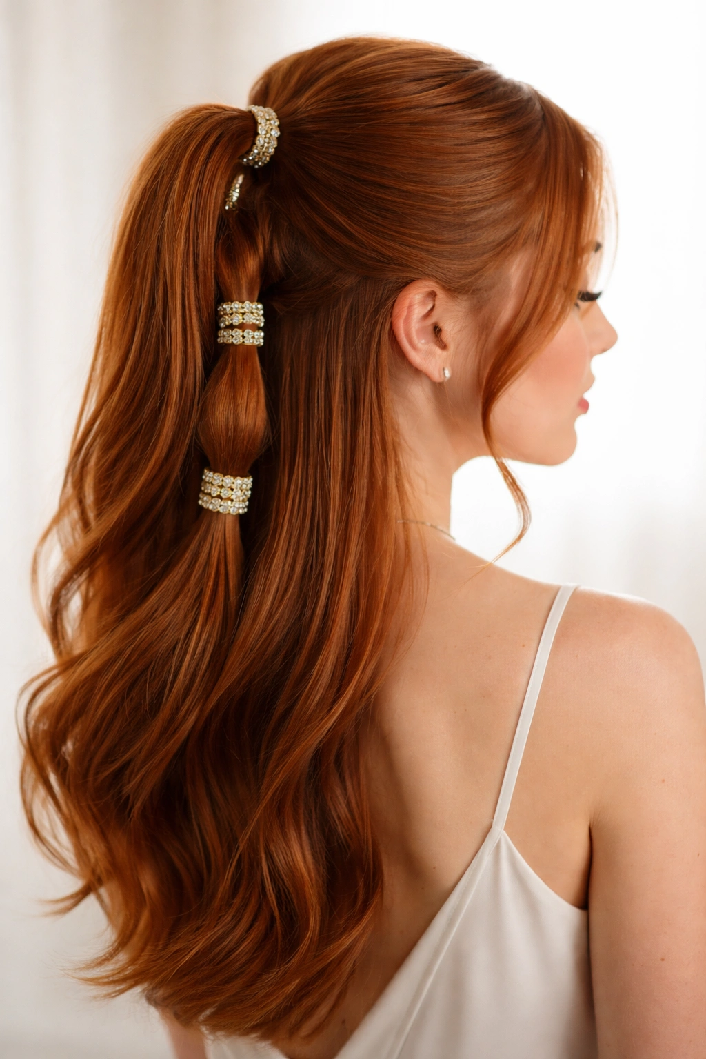Sleek half-up ponytail with embellished ties on red hair